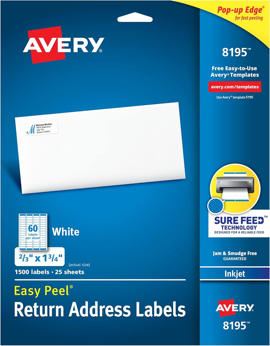 Printable Return Address Labels, Sure Feed Technology, 2/3" x 1-3/4", White, 1,500 Blank Mailing Labels (08195)