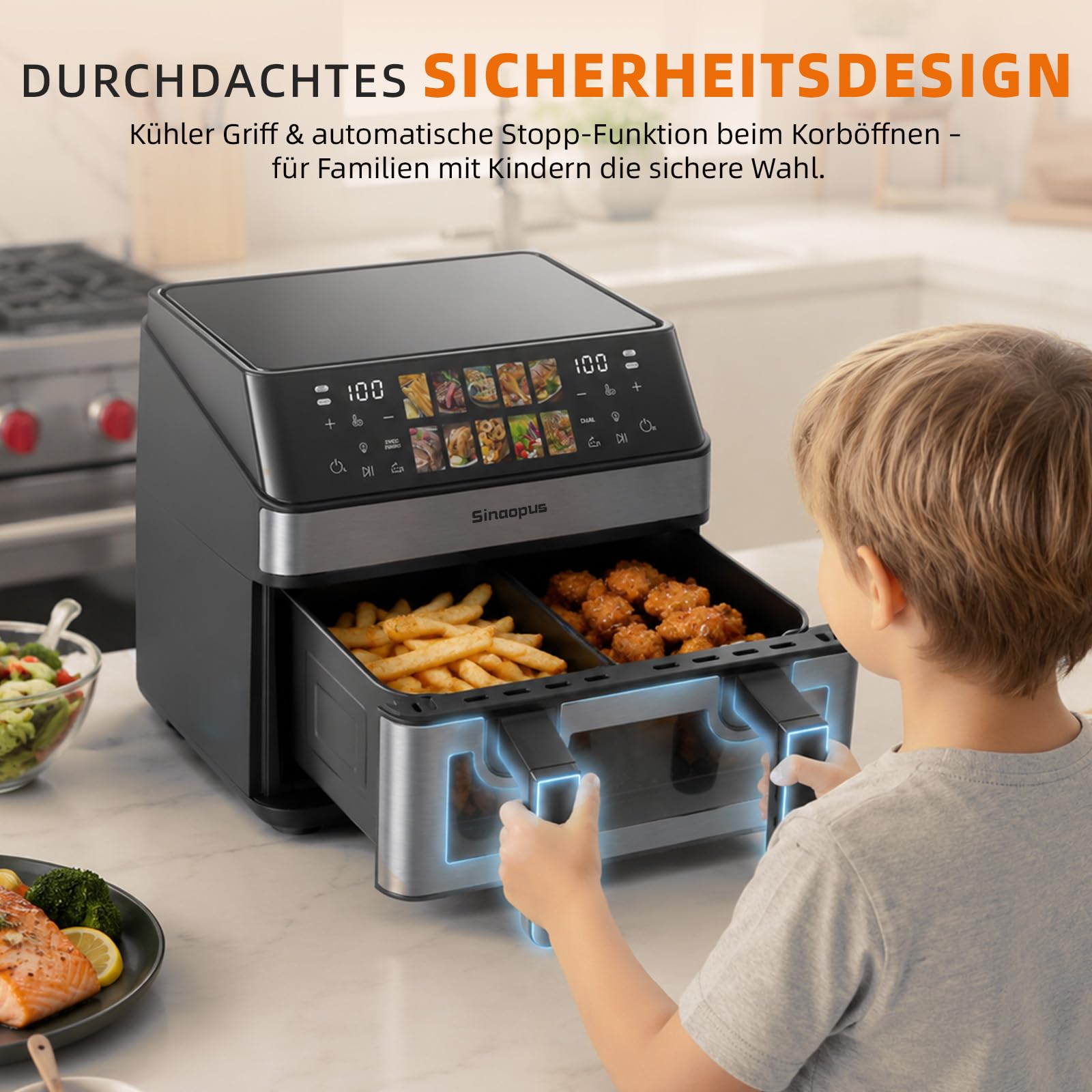 Air Fryer 9L 2000 W, Heißluftfritteuse 2 Kammern mit kühlem Griff | Digitaler Touchscreen, Sichtfenster, Sync Finish, Dual Cook, abnehmbare Trennwand, XXL, 903A