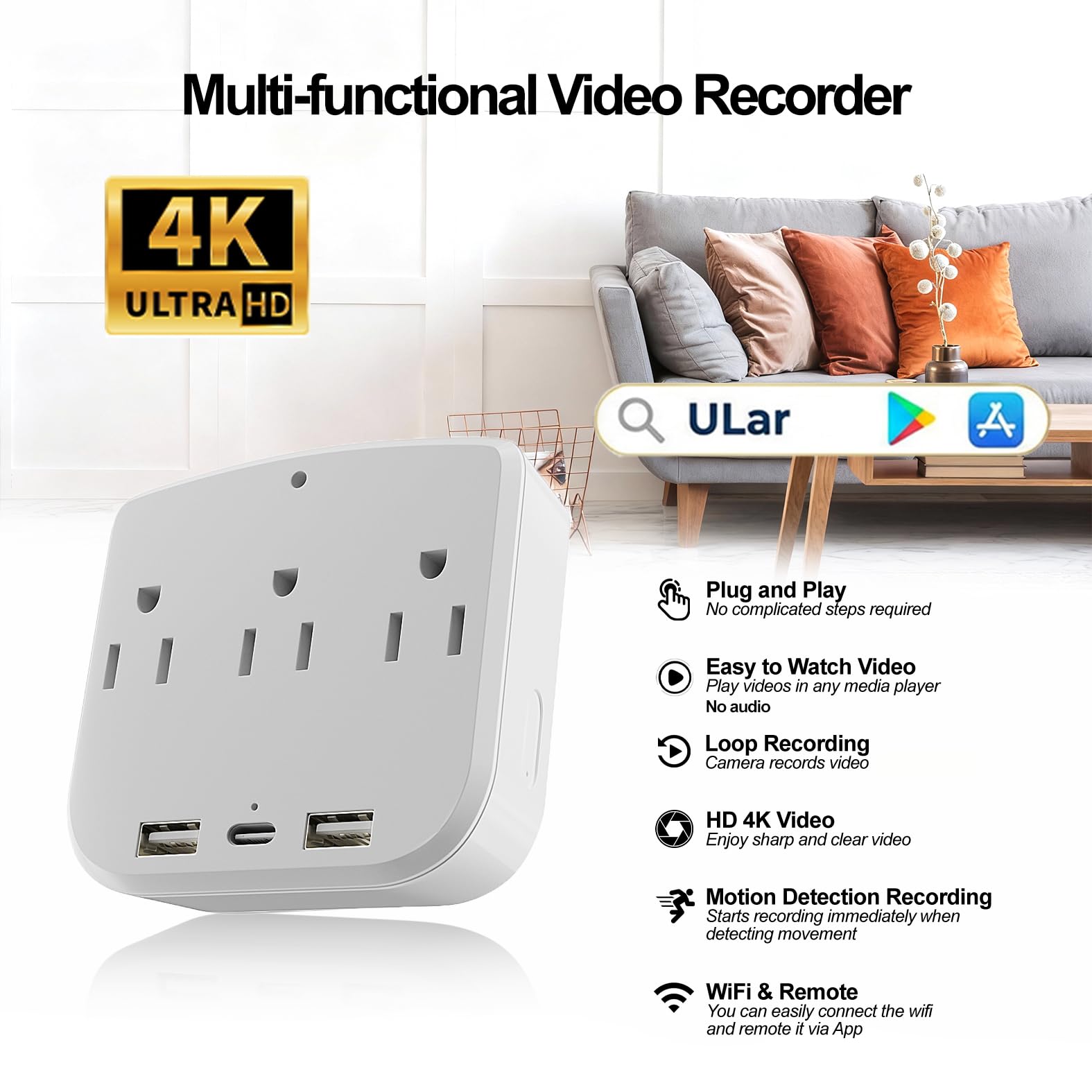 Kamera 4K HD do wewnątrz na ścianę, ładowarka bezpieczeństwa, kamera WiFi z alertami o ruchu, kompresja H.265+, podwójne porty USB/typu C do użytku domowego/biurowego