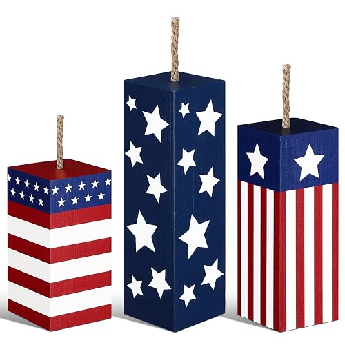 Weysat 3 Pcs 4th of July Wood Firecracker Decorations Patriotic Table Centerpieces Glitter Red White Blue Star Firework Tabletop Sign 250th Anniversary American Flag Tiered Tray Decor for Home