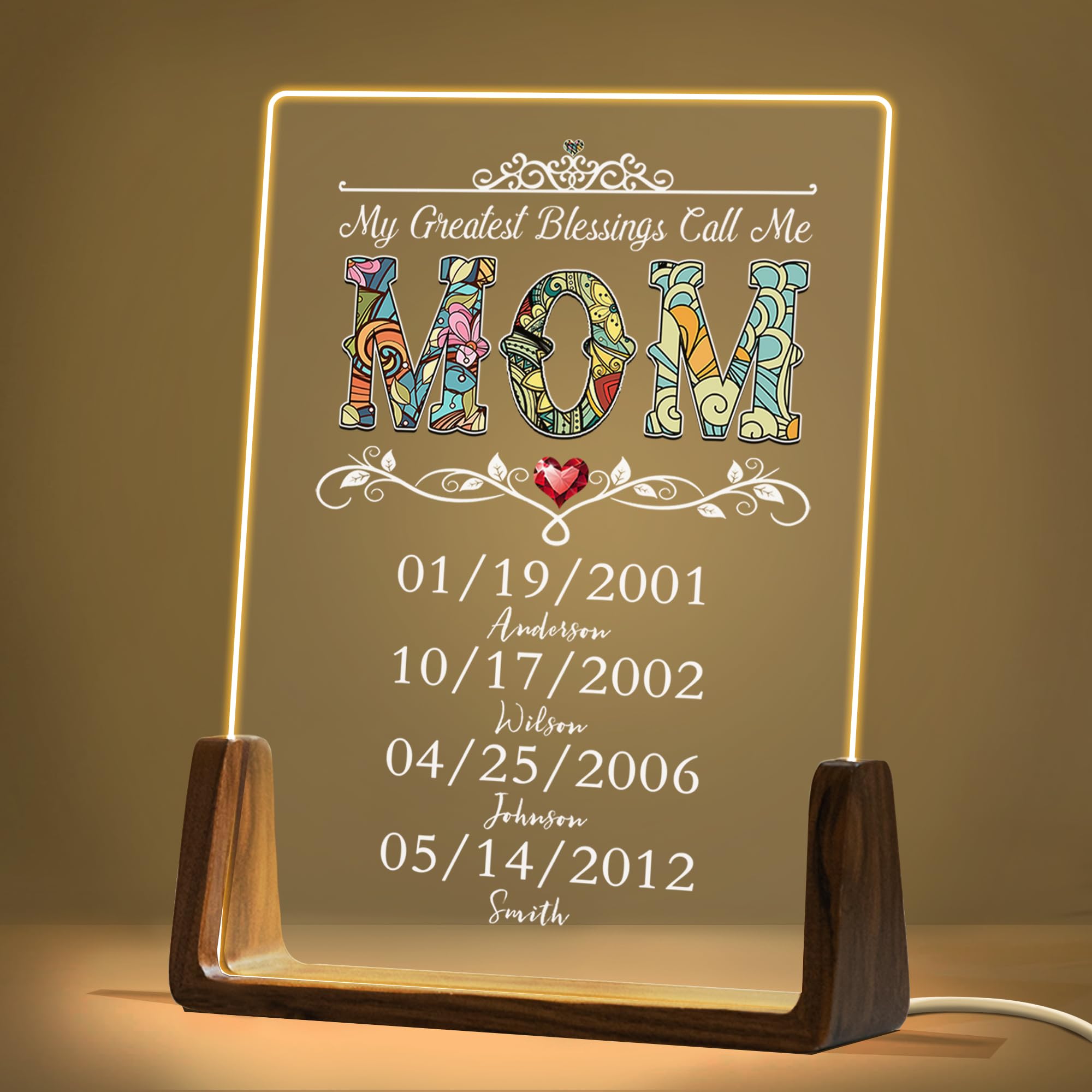 Mothers Day Personalized Gifts Personalized Night Light with Acrylic Plaque, Mom Gifts from Daughter Son, Personalized Photos Gift for Mom Grandma Wife Christmas Birthday Custom Gifts