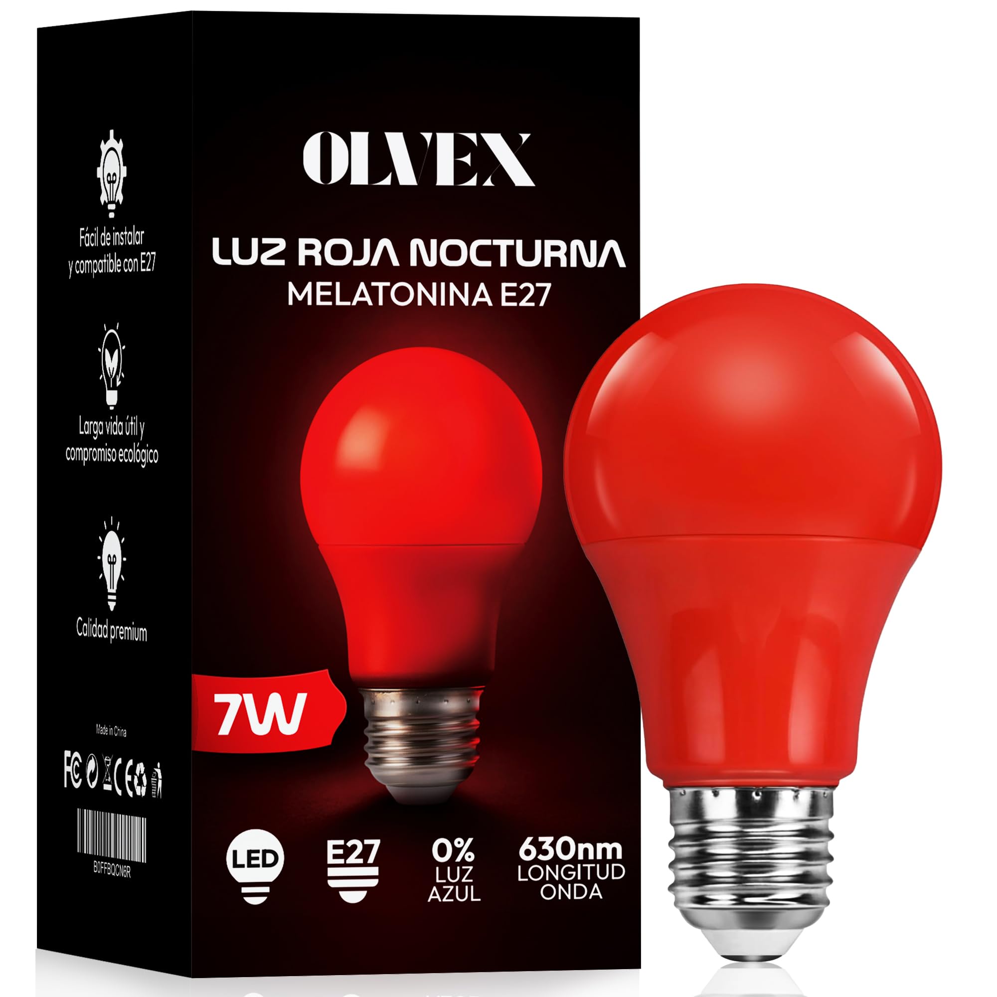 Luz Roja Nocturna Melatonina E27 - Bombillas Led E27 Luz Calida - Bombilla Led para Dormir - Tecnología Flicker Free + 0% Luz Azul - Mejora del Ritmo de Descanso e Ideal para Leer.