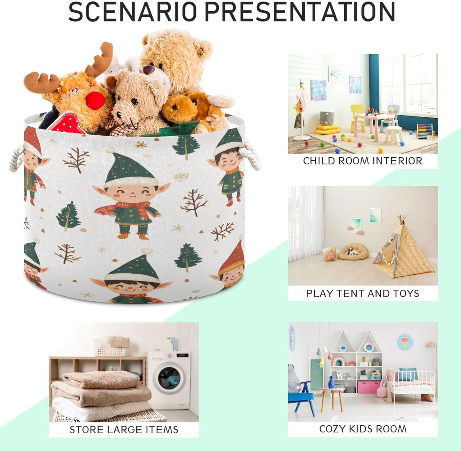 Christmas Cute Elves Extra Large Storage Basket Decorative Laundry Basket with Handles, Rope Basket for Clothes, Blanket, Towel, 20 x 14 Inch