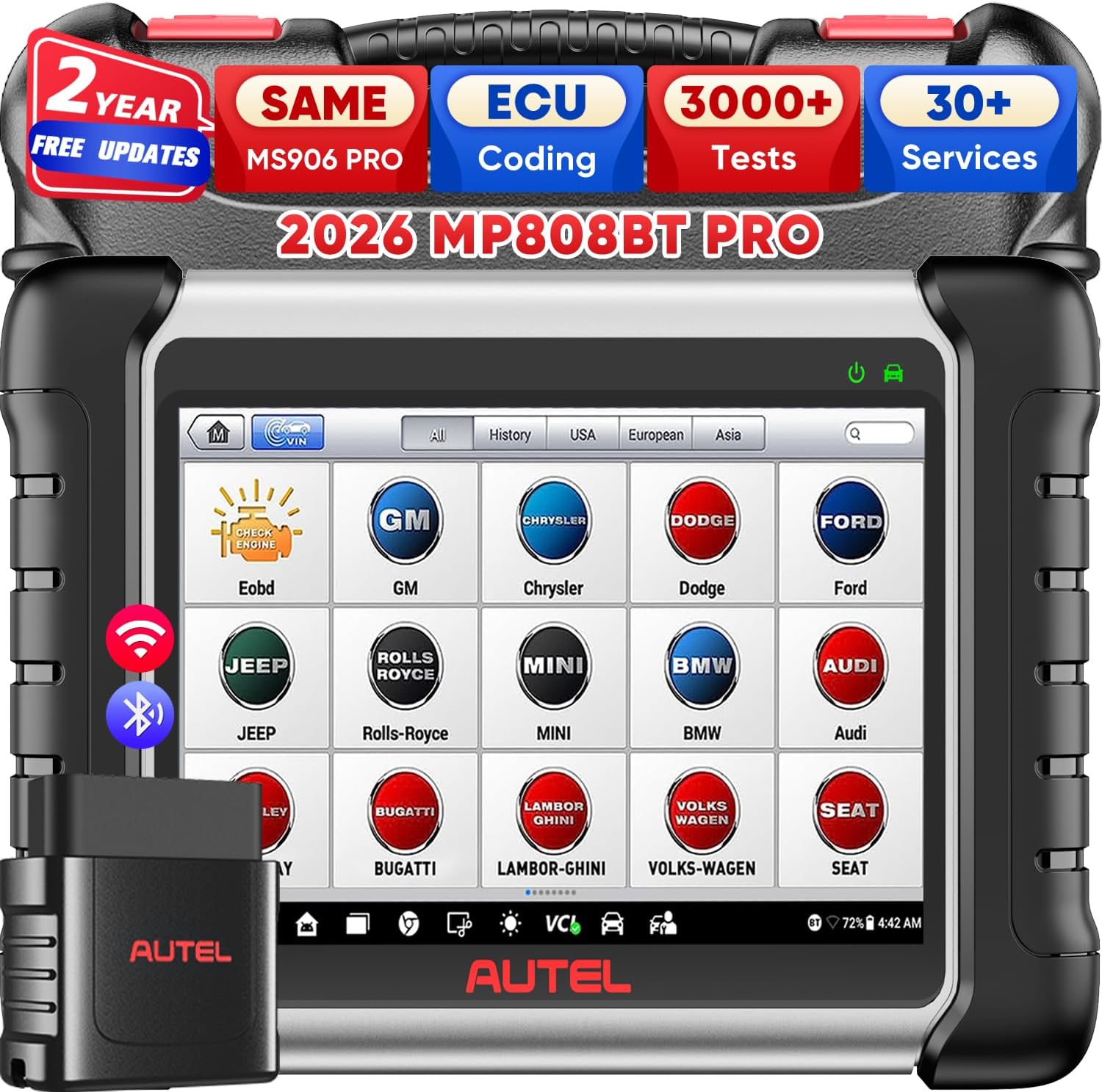 MaxiPRO MP808BT PRO, 2026 ECU C0ding Scanner w/ 2-Year Update ($700) | Work as MS906MAX MS906 PRO MP900-BT, Bidirectional 3000+ Test, VA.G Guide, 30+ Service, V2.0 of MK900BT MK900 MX900, 4/ 64GB