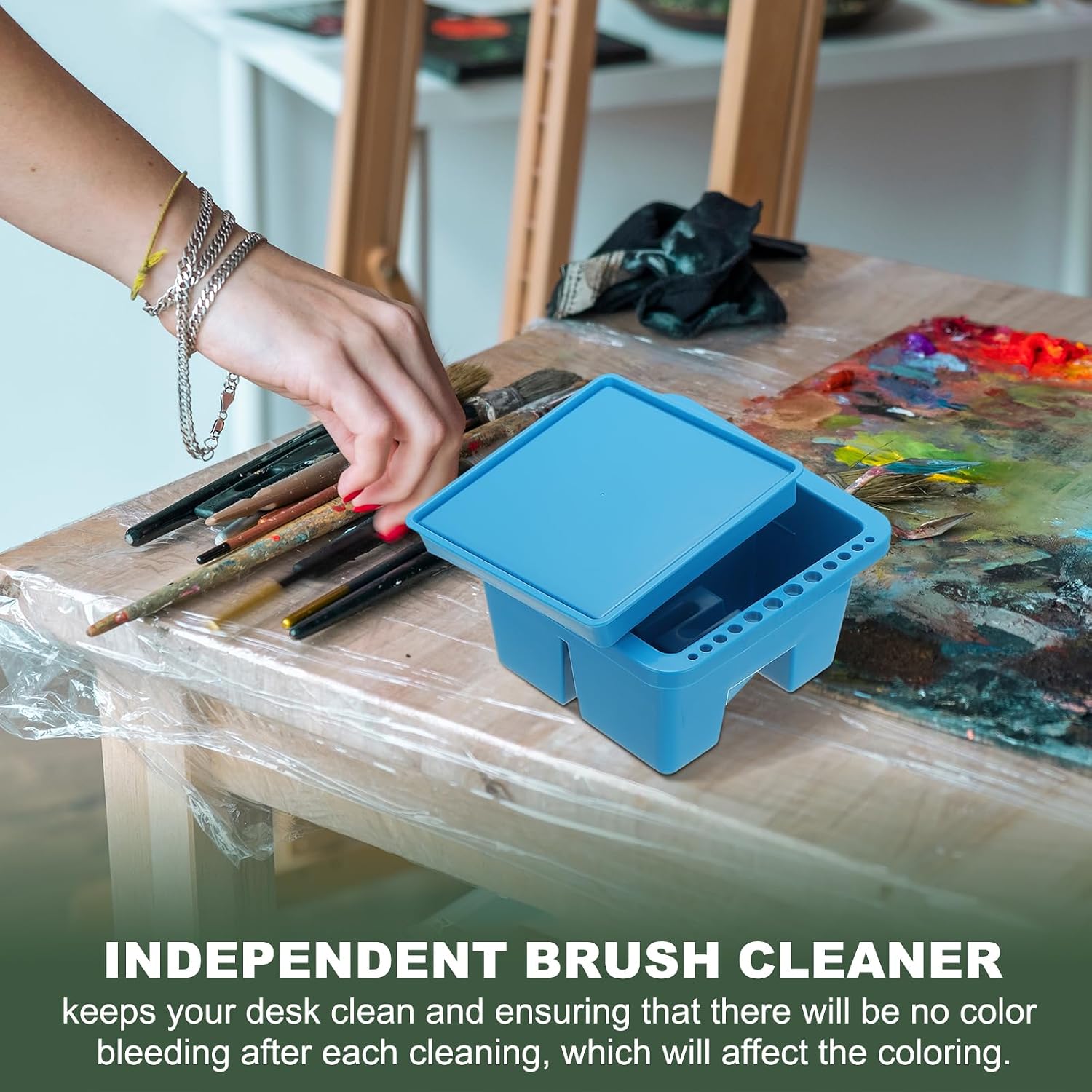YOKIVE Paint Brush Cleaner, 12 Slot Paint Brush Holder Water-Based Painting Brush Cleaner Brush Washer Art Supplies for Watercolor, Blue