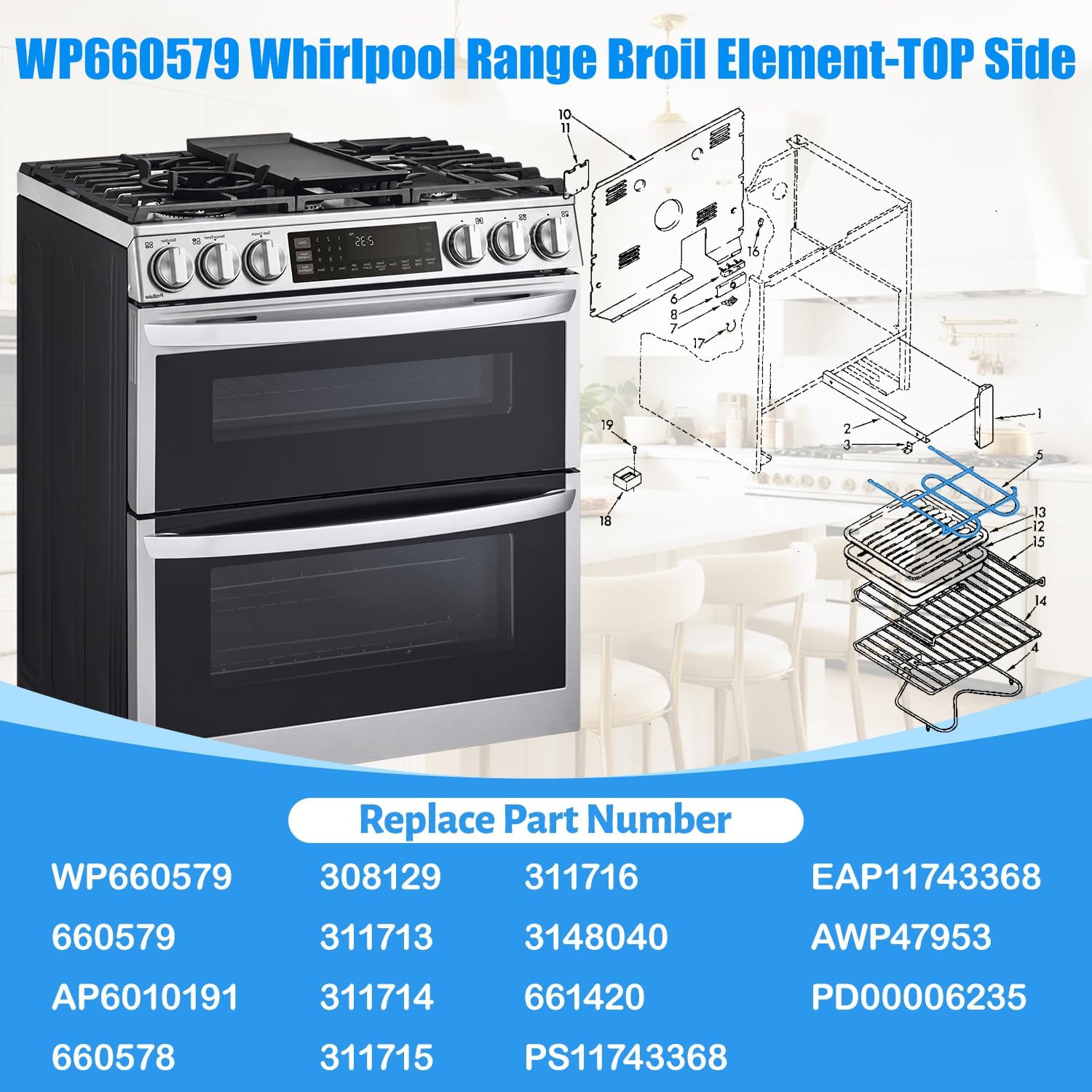 UPGRADE WP660579 stove oven element Compatible with Whirlpool Oven Heating Element,660579 Electric Ranges Stoves Coils Replacement BES450WB2 RS660BXK2 KEBI100VBL1/2 WP660579 Range Broil Element