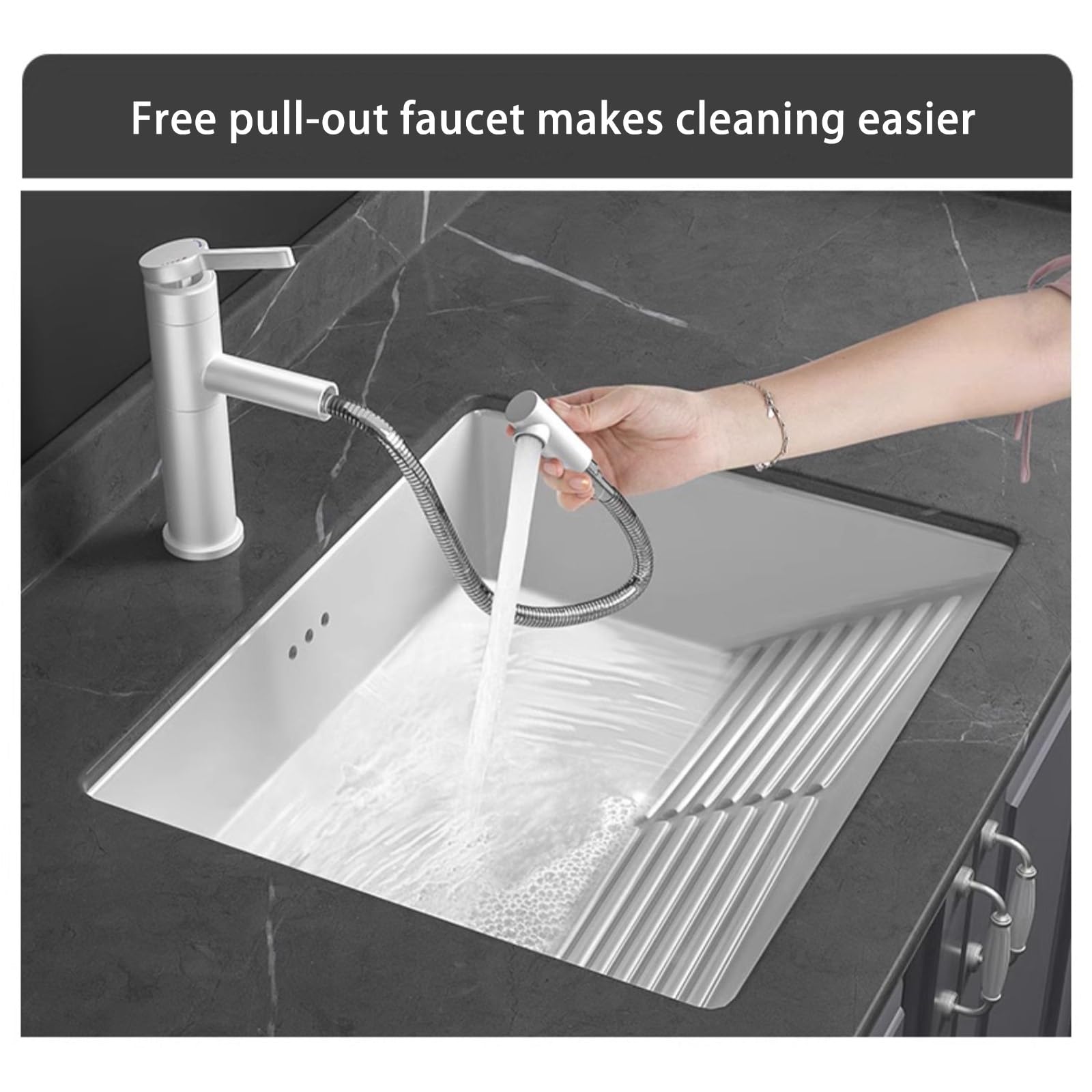 Fregadero de cerámica para baño con lavabo, lavadero de porcelana y fregadero de baño con desbordamiento y escurridor