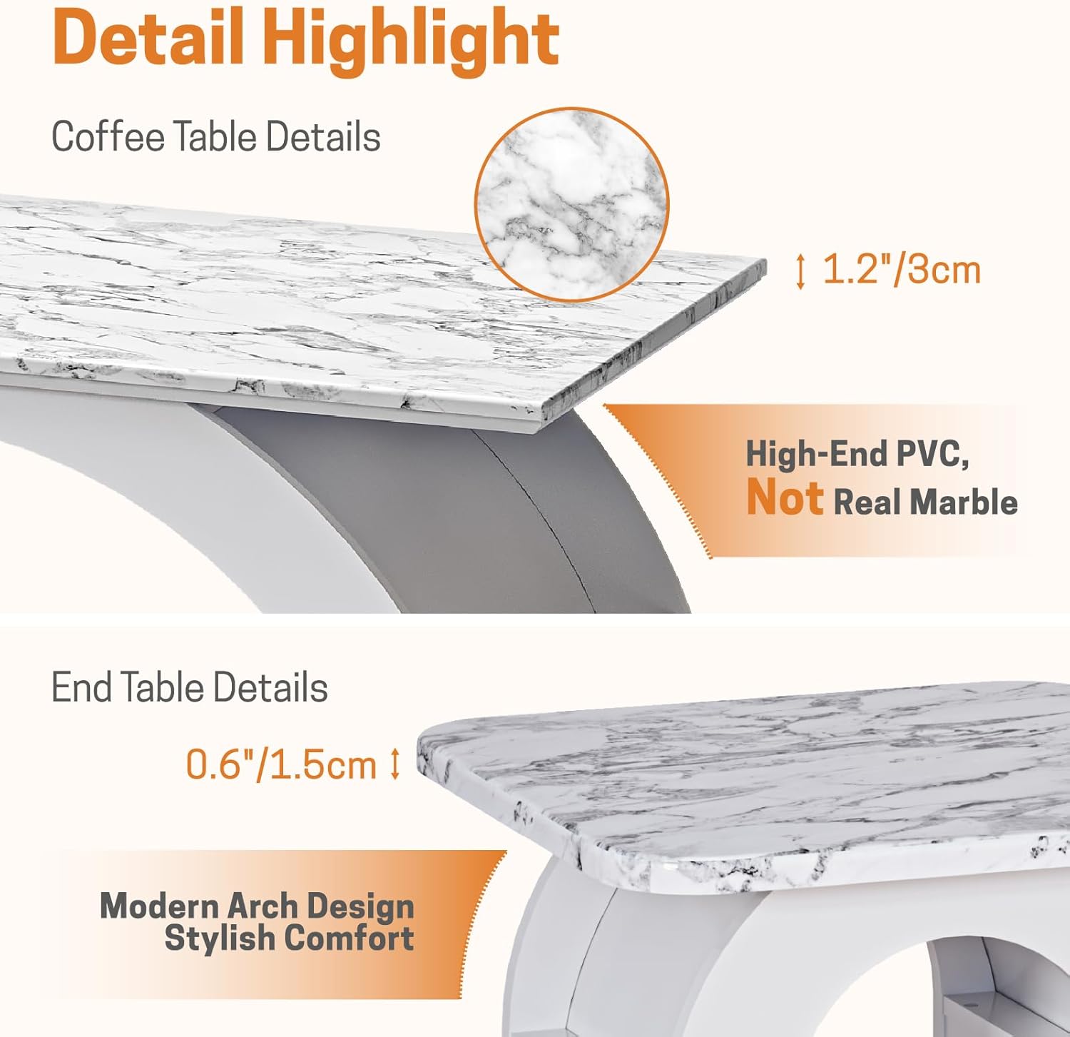 3-Piece Living Room Set,Coffee Table & 2 End Tables,Modern Marble & LED,RGB Lighting, Scratch-Resistant, for Living Room, Dining Room, Office​​