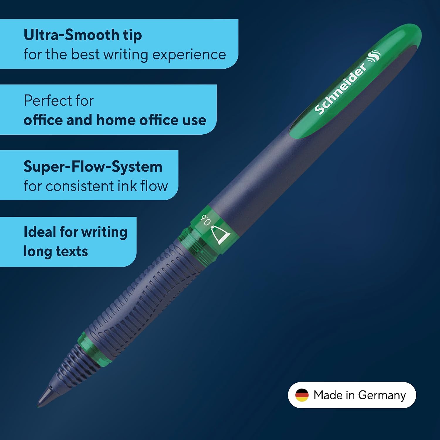 Schneider One Business Rollerball Pen, 0.6 mm Ultra-Smooth Tip, Blue Barrel, Green Ink, Box of 10 Pens (183004)