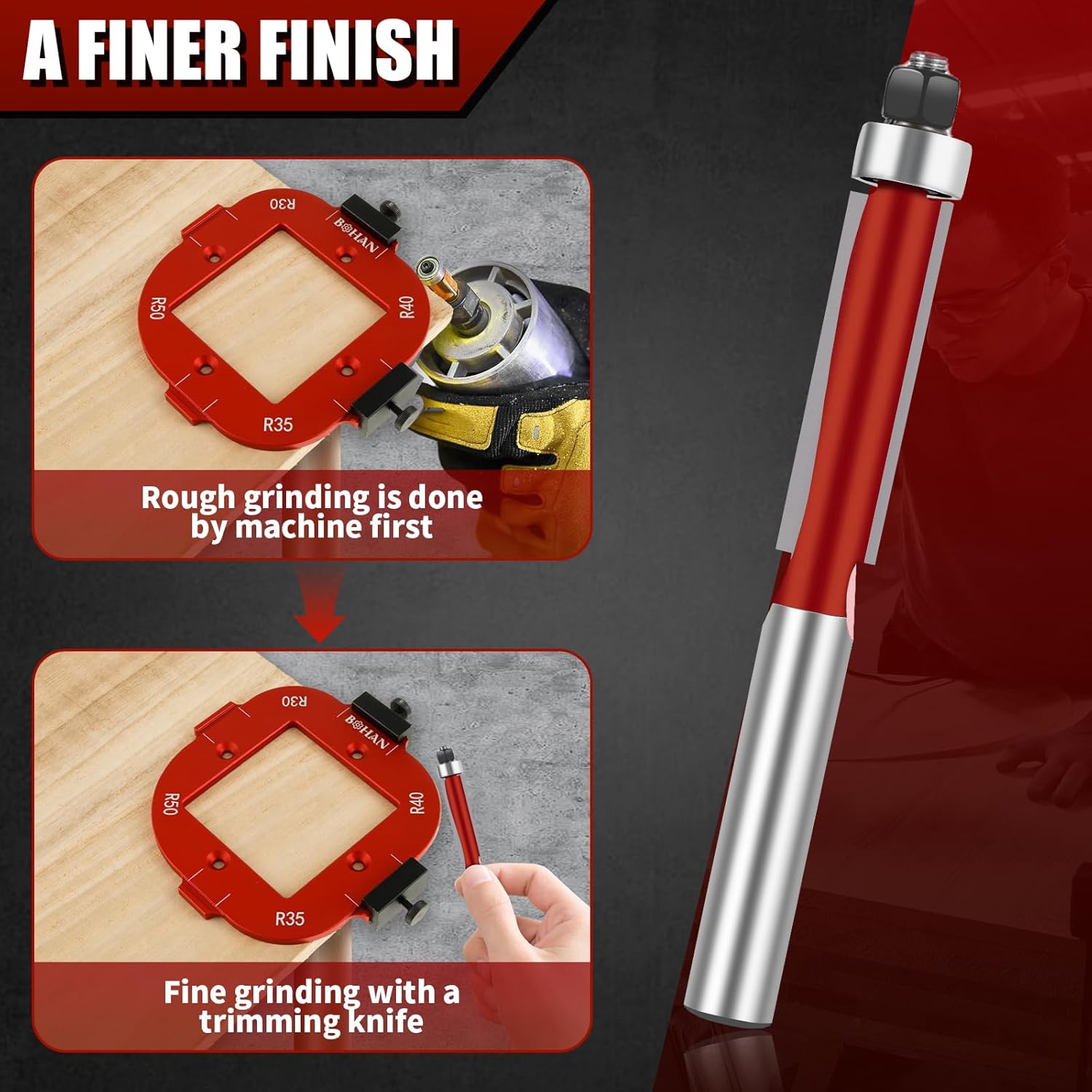 2 Pcs Round Corner Radius Template, Radius Jig Router Template with Trimming Cutter, Aluminum Alloy 4 in 1 Arc Angle Positioning Template R10 R15 R20 R25 R30 R35 R40 R50