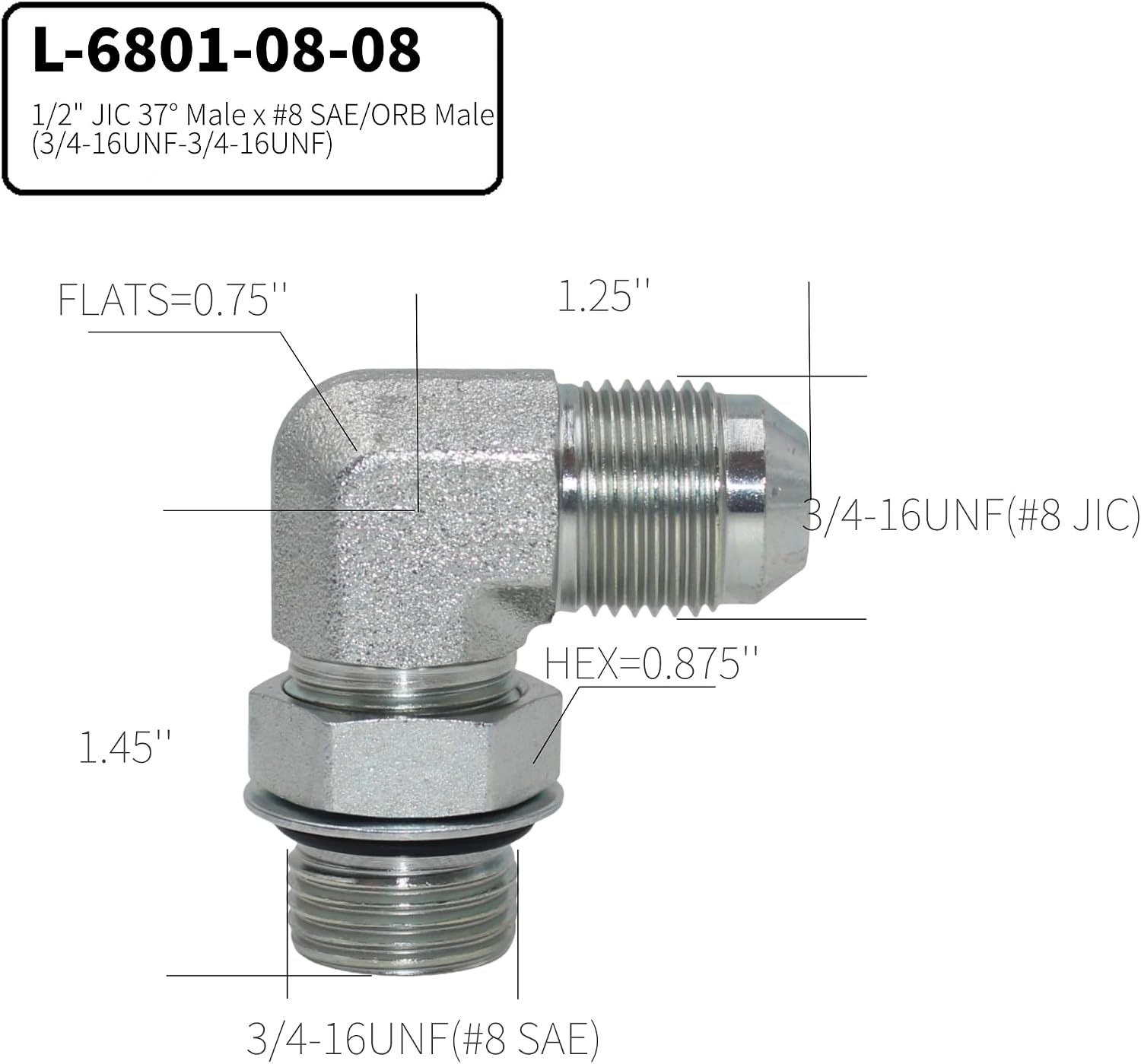 5 PACK 1/2" JIC 37° Male x #8 SAE/ORB Male Corner/Elbow Hydraulic Adapter Fitting | L-6801-08-08