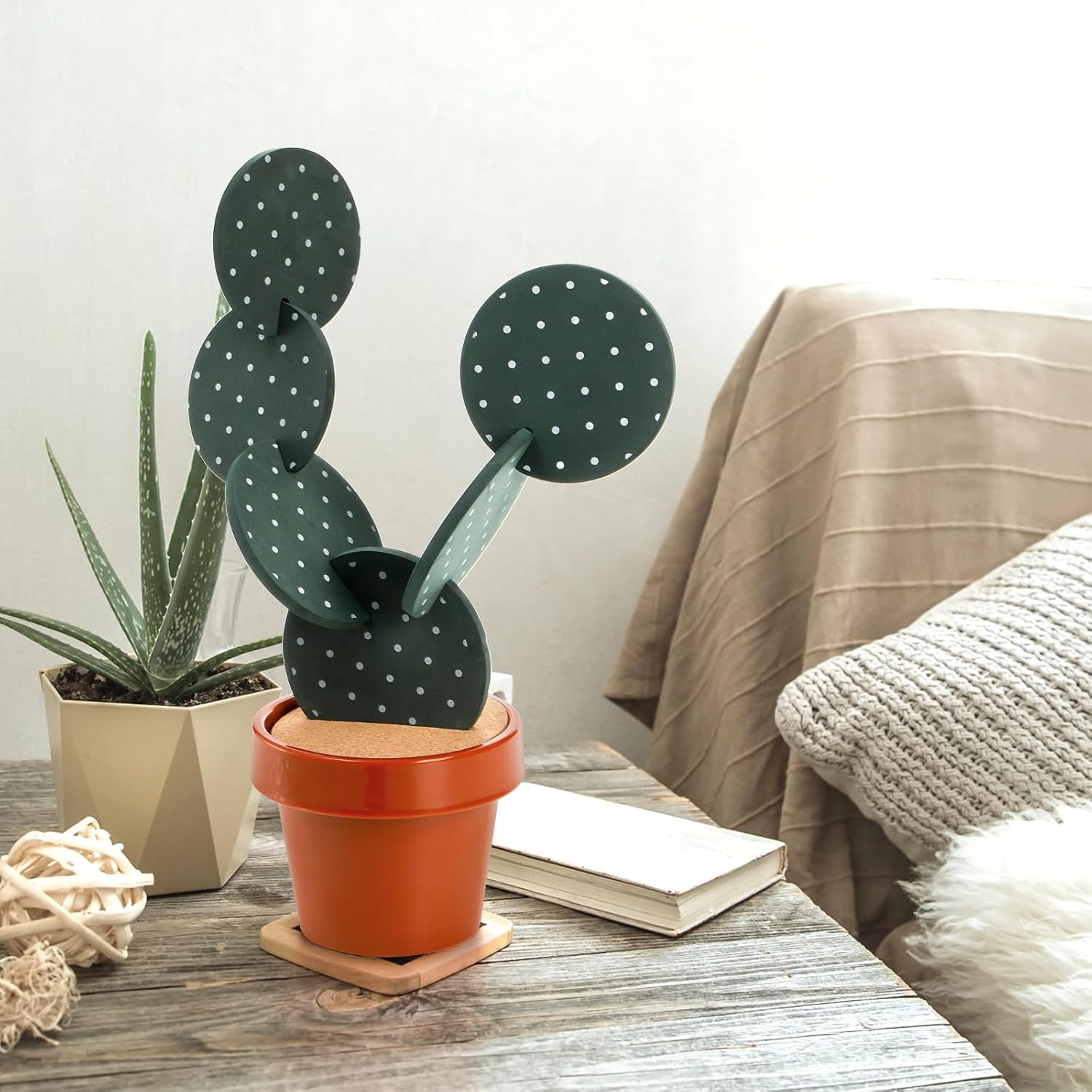 Coloch 12 Pieces Cactus Coasters Set for Drinks, Novelty Coasters with Flowerpot Holder Decorative Table Protection Funny Cactus Gift for Home, Office, Bar Decor