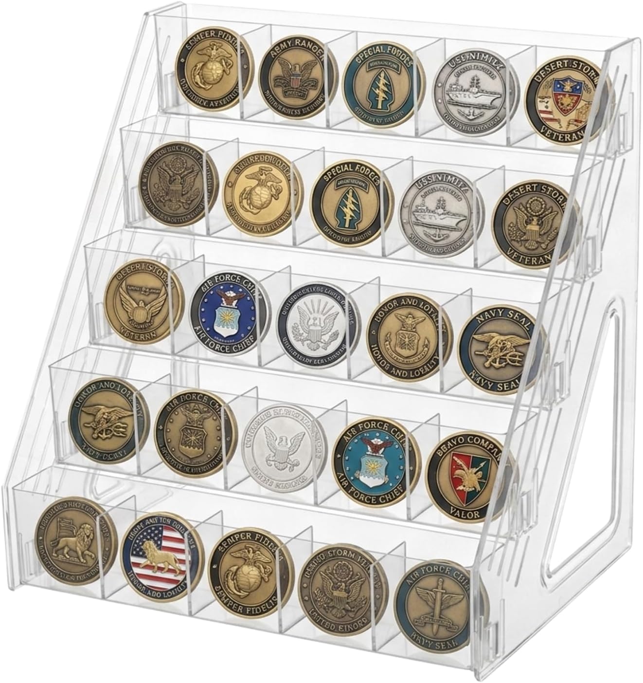 5 Row Challenge Coin Display Stand Acrylic Military Challenge Coin Rack -Holds 25 Coins Large Capacity Army Collectible Coins Holder Display for Military Enthusiasts Collectors Veterans
