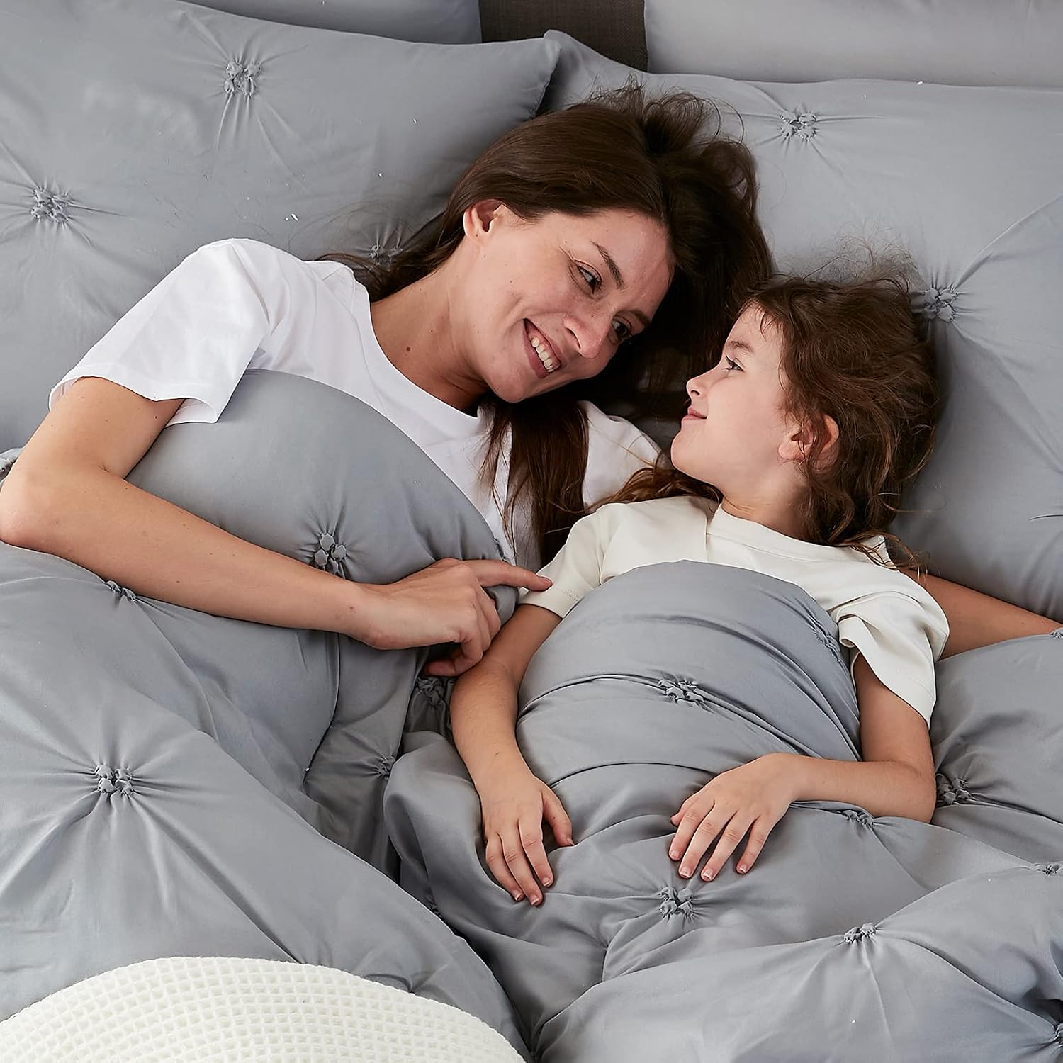 EHEYCIGA Full/Queen Bed in a Bag Grey, Comforter Set for Queen Bed 7 Pieces, Pintuck White Bed Set Queen, White Bedding Set with Pinch Pleat Comforters, Sheets, Pillowcases & Shams