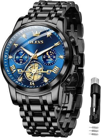 OLEVS Men Skeleton Watches Stainless Steel Analog Quartz Moon Phase Male Diamond Multi Calendar Chronograph Waterproof Wrist Watch for Men