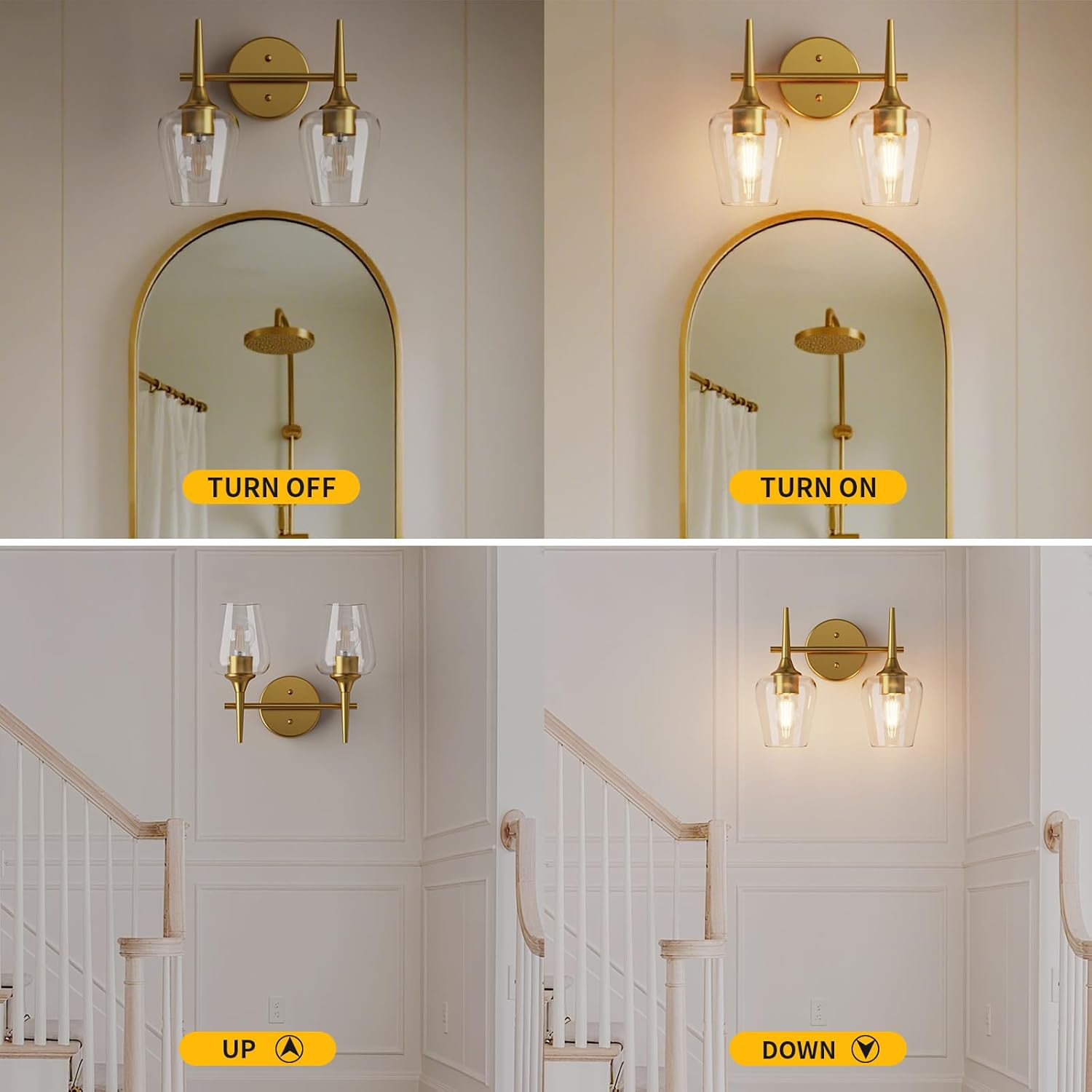13 Inch Gold Bathroom Light Fixture 2-Light Wine Glass Vanity Light Modern Luxury Wall Sconce for Bathroon Hallway Bedroom