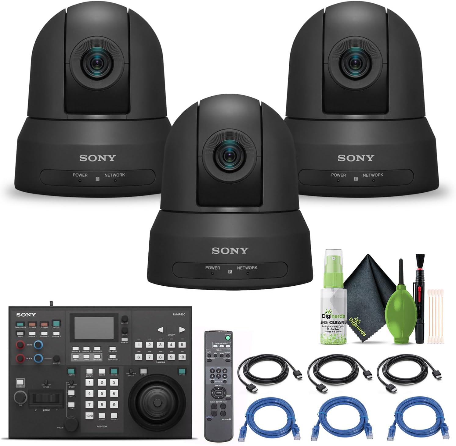Sony RM-IP500/1 Professional Remote Controller, 3 x Sony SRG-X120 1080p PTZ Camera with HDMI, Sony SRGL-4K 4K License Included, 3X Cat5e Ethernet Cable, Cleaning Set, 3X HDMI Cable – Bundle (Renewed)