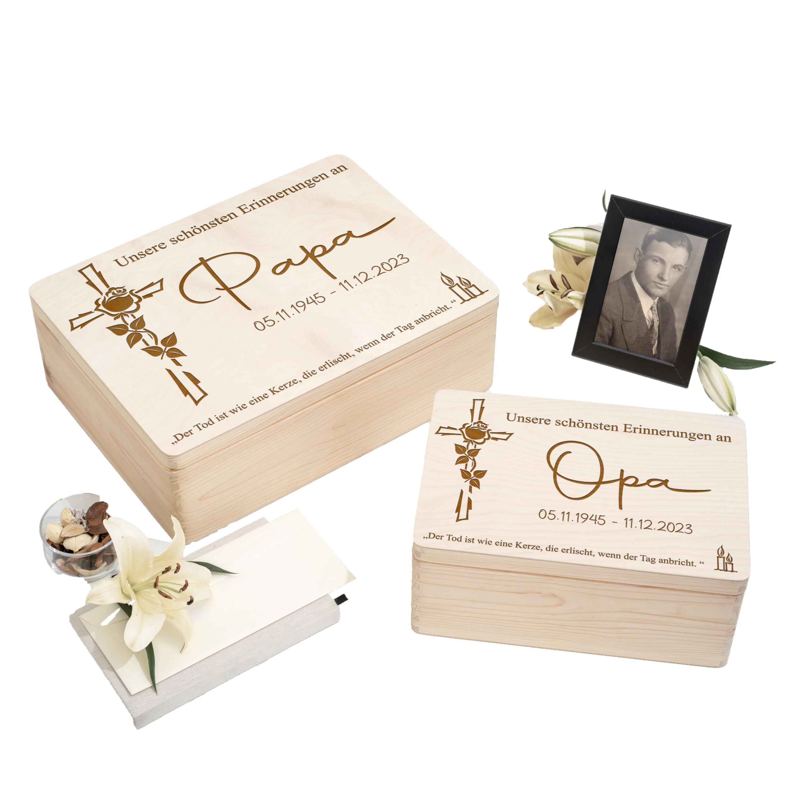 Personalisierte Erinnerungskiste aus Holz Erinnerungsbox Trauerkiste Trauerbox für Erinnerungen an verstorbene Andenken an Oma, Opa, Papa, Mama Holzbox Kiste Box Trauern Trauerbewältigung