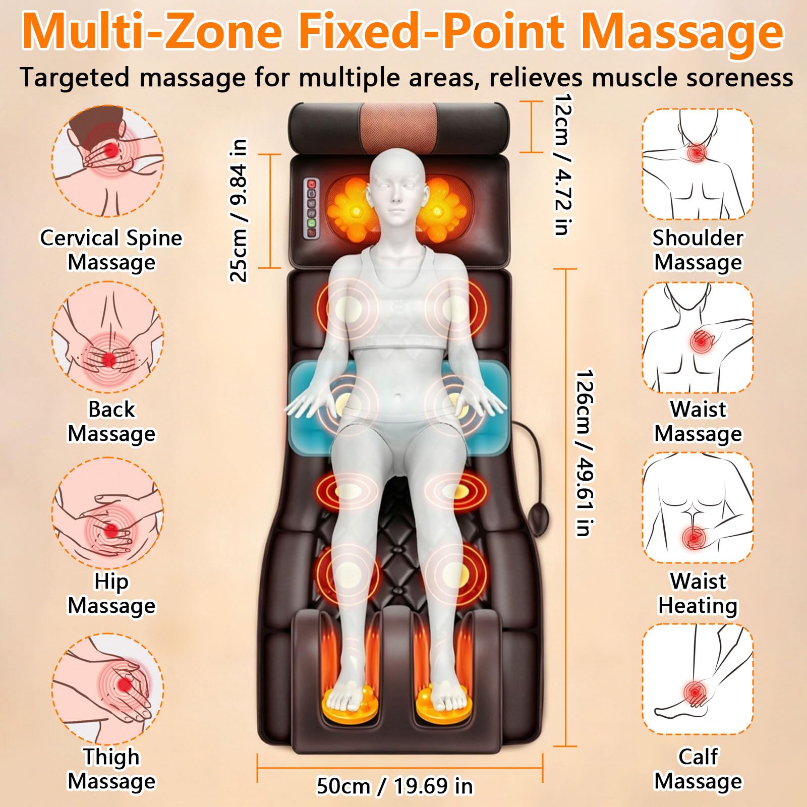 Esterilla de masaje de cuerpo completo con función de calor, cojín de asiento de masaje con 10 motores de vibración, masaje de pies, masaje de cuello y espalda, esterilla eléctrica de masaje