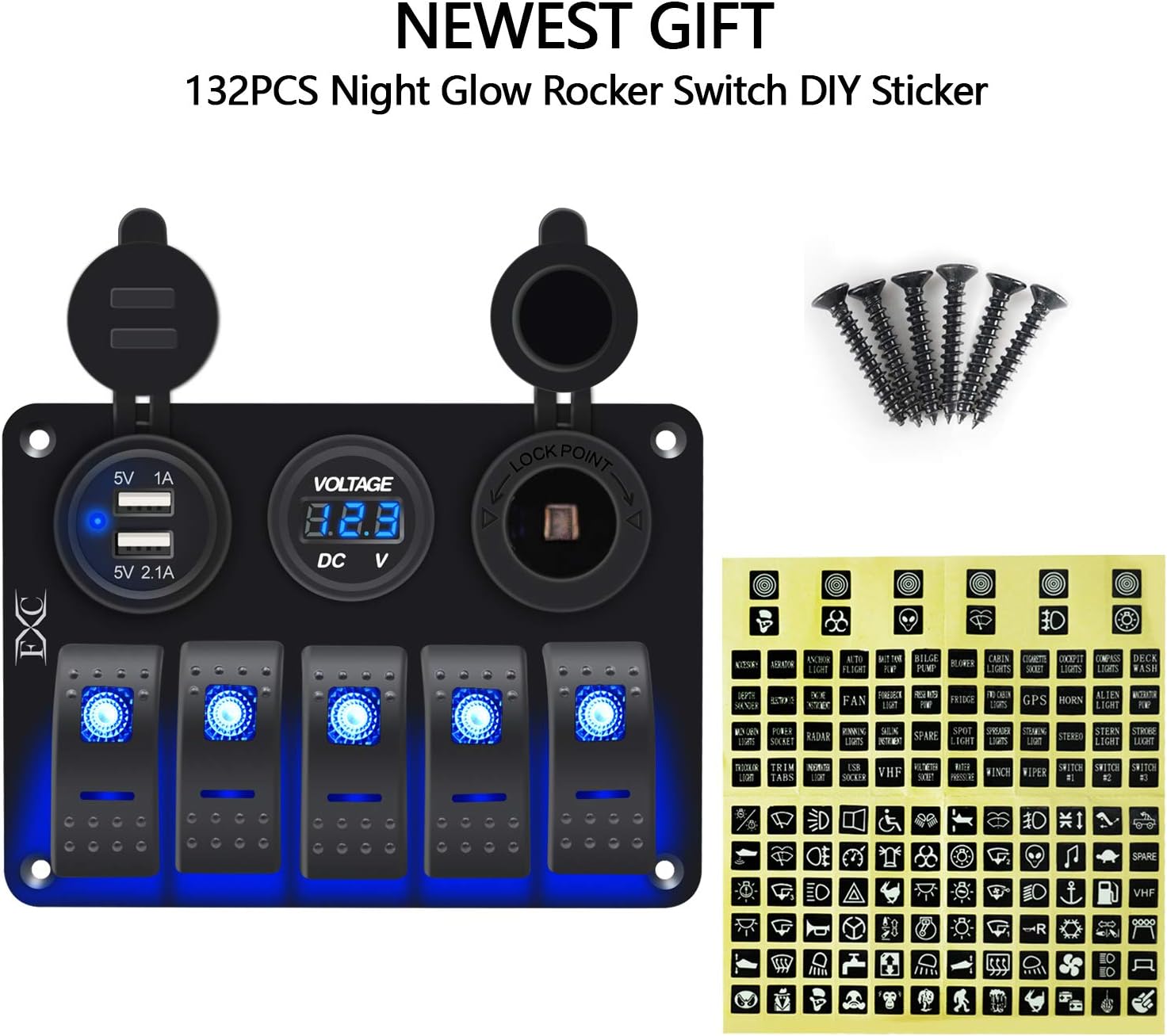 FXC Waterproof Marine Boat Rocker Switch Aluminum Panel 5 Gang with Dual USB Slot Socket 3.1A + Volt Meter Blue LED Light for Car Rv Vehicles Truck (KG0149-5B Blue): Industrial & Scientific
