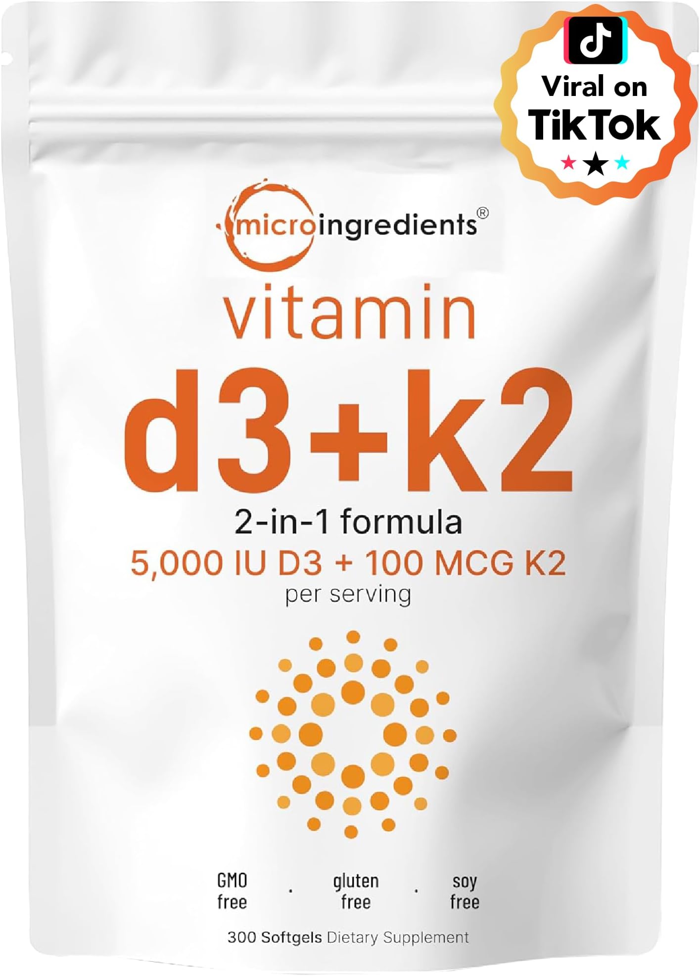 Vitamin D3 5,000 IU + K2 MK-7 100 mcg, 300 Softgels | 2-in-1 Vitamins D & K Complex | Extra Strength, Easy to Swallow, Non-GMO, Gluten Free