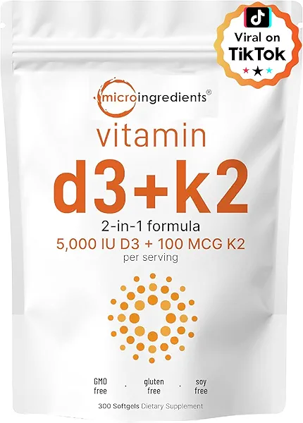 Micro Ingredients Vitamin D3 5,000 IU + K2 MK-7 100 mcg, 300 Softgels | 2-in-1 Bone, Immune & Heart Support | Easy to Swallow, Non-GMO