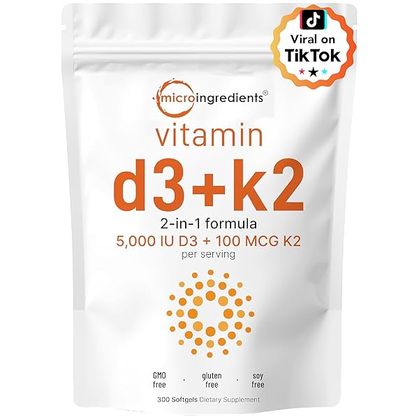 Micro Ingredients Vitamin D3 10,000 IU + K2 MK-7 200 mcg, 300 Softgels with Virgin Coconut Oil | 2-in-1 Vitamins D & K Complex | Extra Strength, Easy to Swallow, Non-GMO, Gluten Free