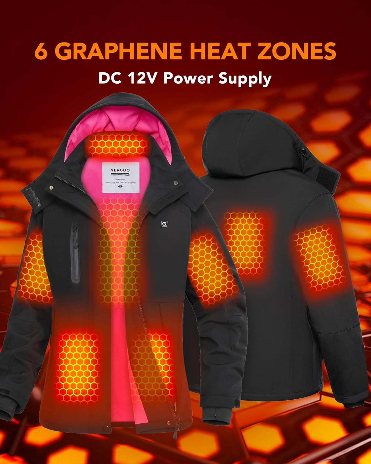 VERGOO Loose Fitting Graphene Heated Waterproof Jackets for Women with Hood Included 18400mAh Battery Pack