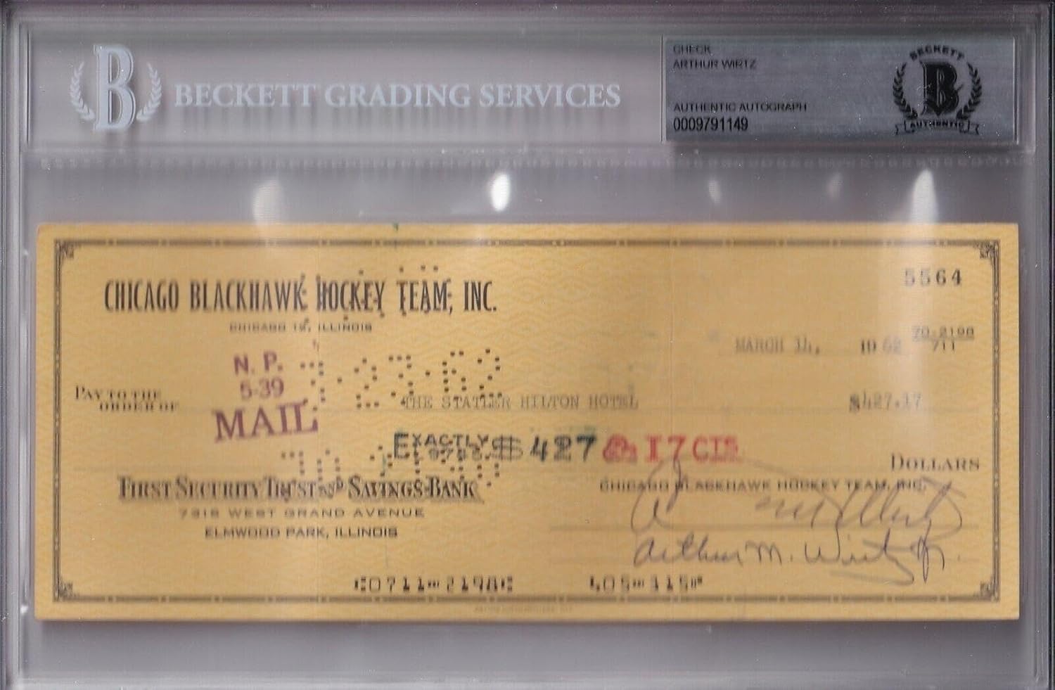Beckett Arthur Wirtz Signed 1962 Chicago hawks Official Check #5565 - NHL Photomints and Coins