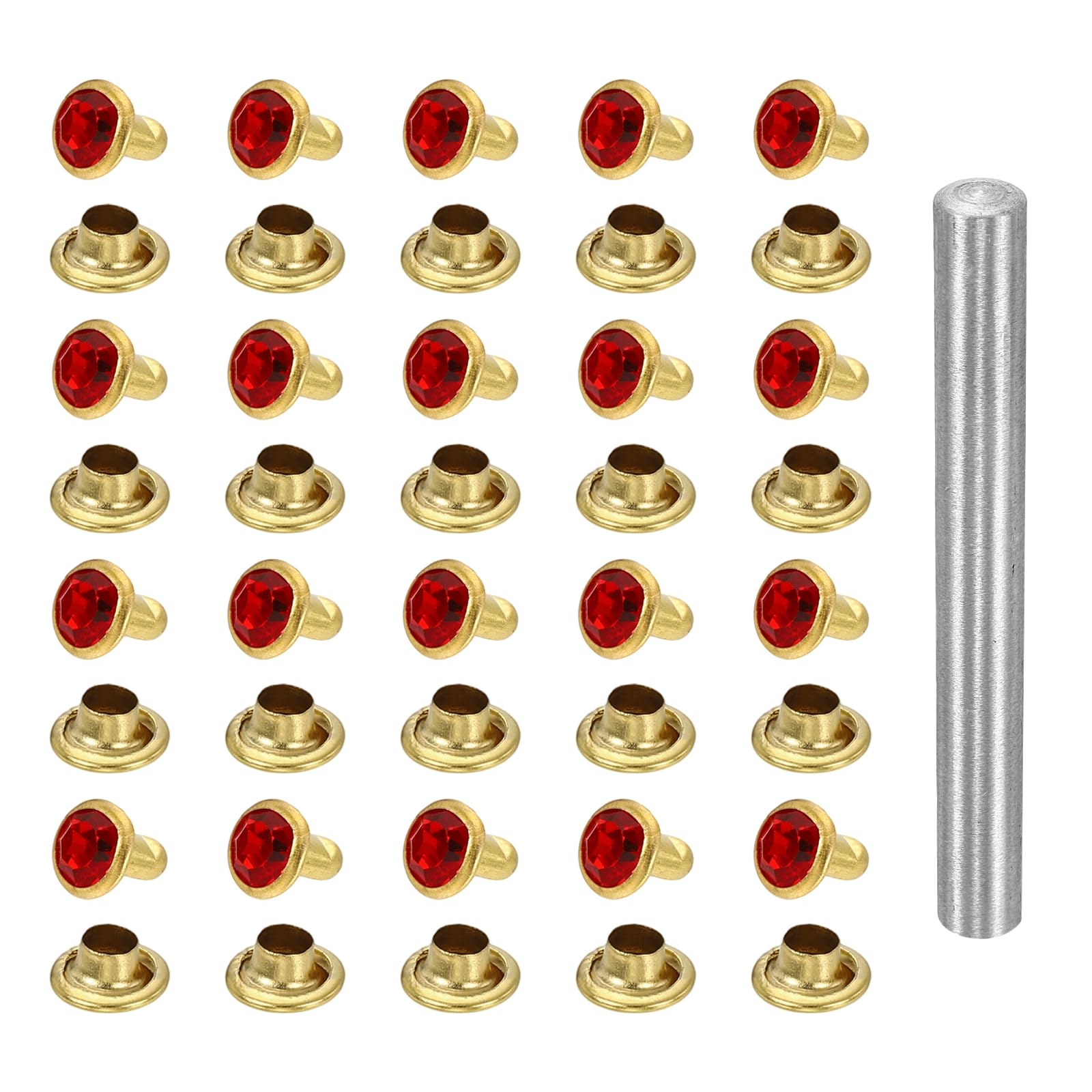 sourcing map 100pcs Crystal Rivets 6mm Rhinestone Rapid Stud Rivets with Steel Installation Tool for Clothing Leather Fabric Arts Decoration Leathercraft DIY, Gold Red