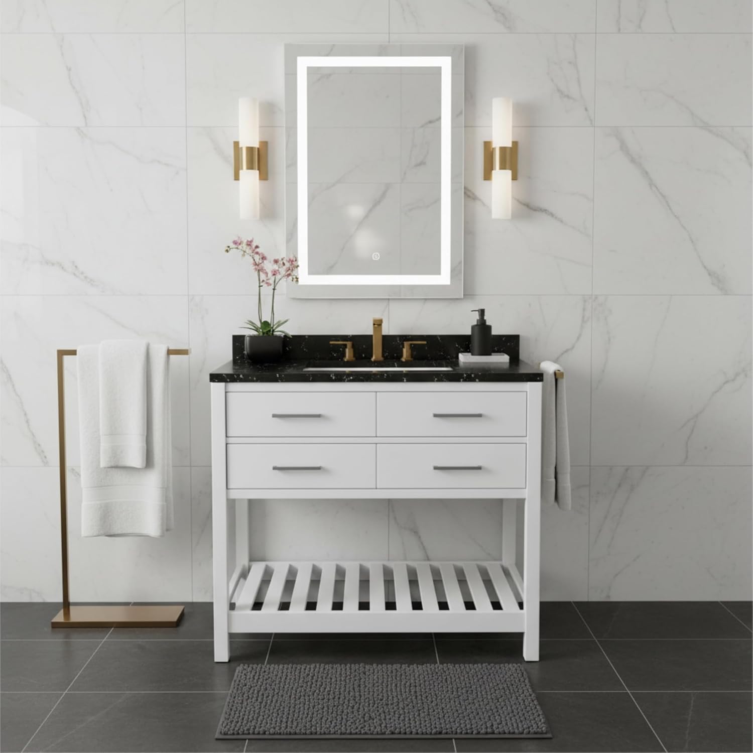 Harrison 36 in. W Vanity Cabinet Only, Solid Pine Wood, Nickel Hardware, Includes 2 Soft Close Drawers, Adjustable Height, Classic Timeless Design, Ideal for Bathroom Storage, White