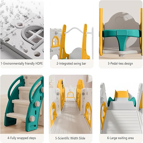 Miniatura 5 de Sistema de juego para patio de recreo, tobogán 10 en 1 para niños pequeños, para interiores de 1 a 3 años con columpio, aro de baloncesto y
