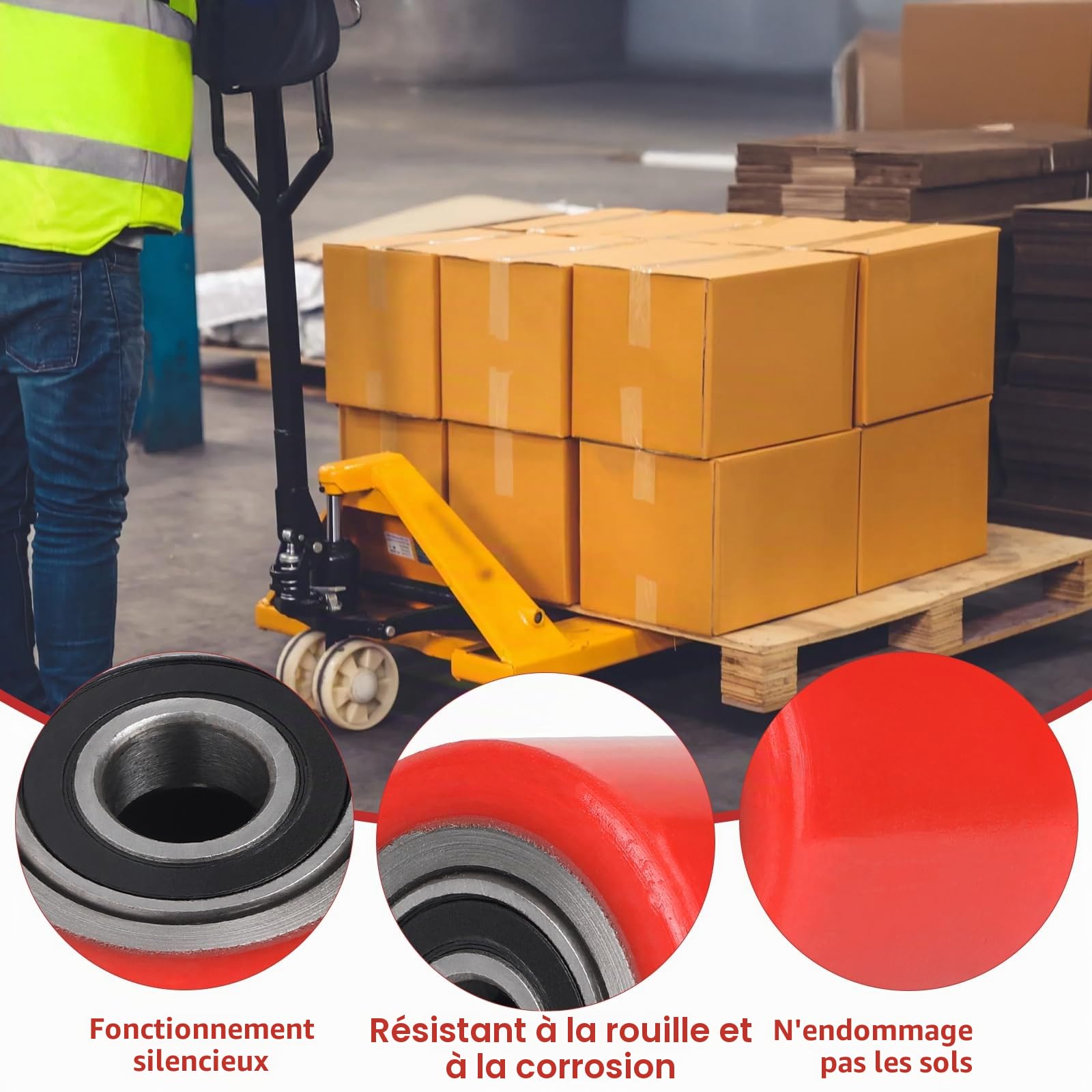 SWAWIS Lot de 4 Roues de Transpalette Polyuréthane 80 x 70 mm, Axe 20mm Charge Maximale 600 kg Avec pour Transpalette Roulements à Billes