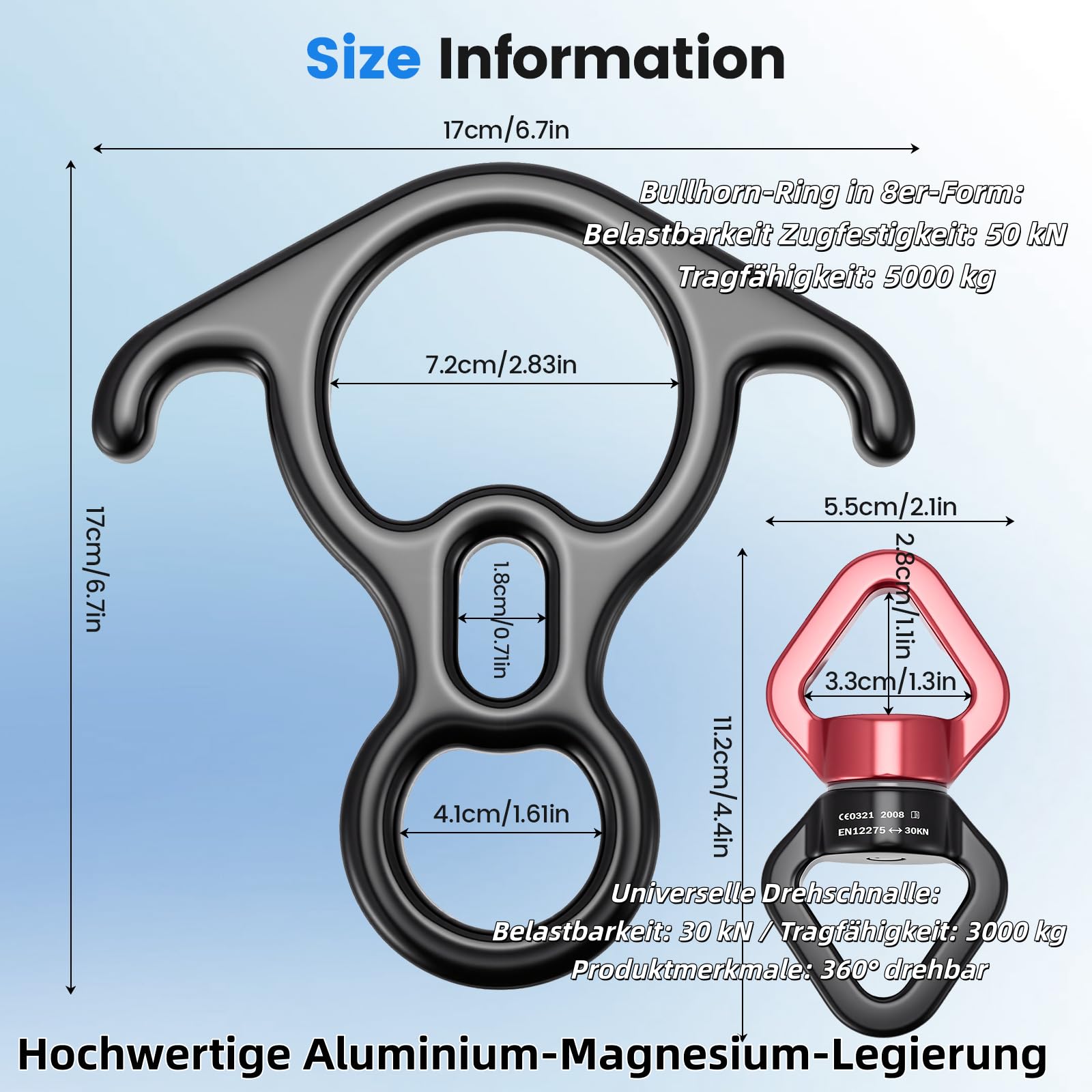 Rotule Pivotante 360° Kit Complet, 30kN Rotule + 50kN Anneau 8 Cornes + 2x25kN Mousquetons, Articulation Pivotante Roulement à Billes pour Soie Aérienne Yoga Escalade Balançoire Hamac, Noir Rouge