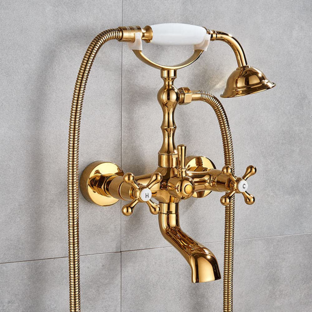 ZYCHSJXA Antique Brass Floor-Standing Bathroom Faucet Set, Wall-Mounted Bathtub Shower Mixer Tap with Dual Knobs, Swivel Tub Spout, Elegant Bath Fixture for Modern Bathrooms