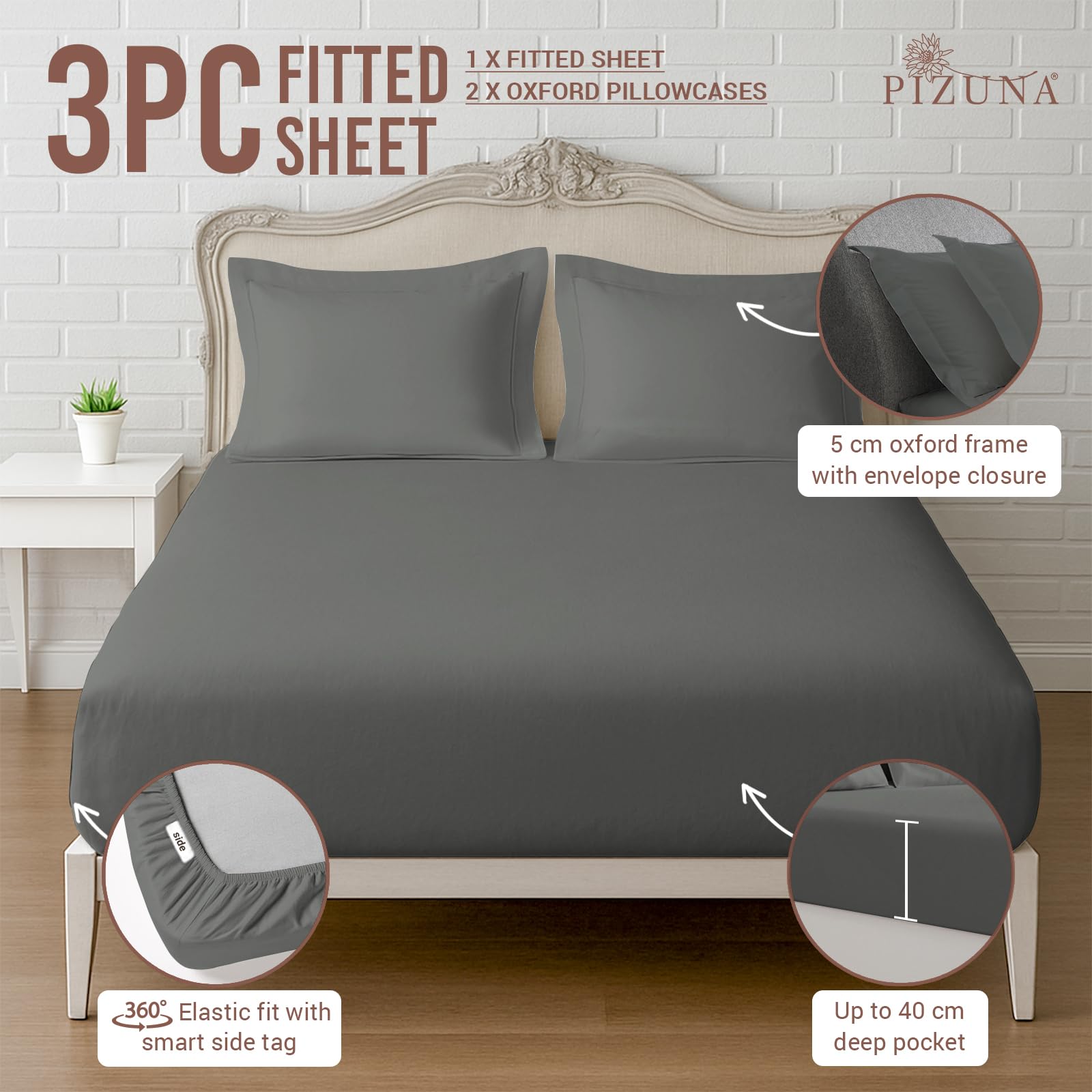 Pizuna 400 Thread Count King Size Fitted Sheet 150x200 cm with 2 Pillowcases, Dark Grey, 100% Long Staple Cotton - Image 3