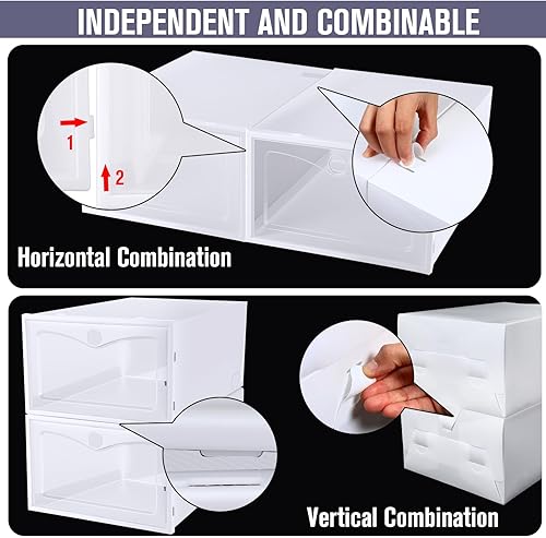 Miniatura 5 de Paquete de 24 cajas de zapatos para armario, tamaño 9, organizadores apilables de almacenamiento de zapatos con tapas, contenedores plegables de