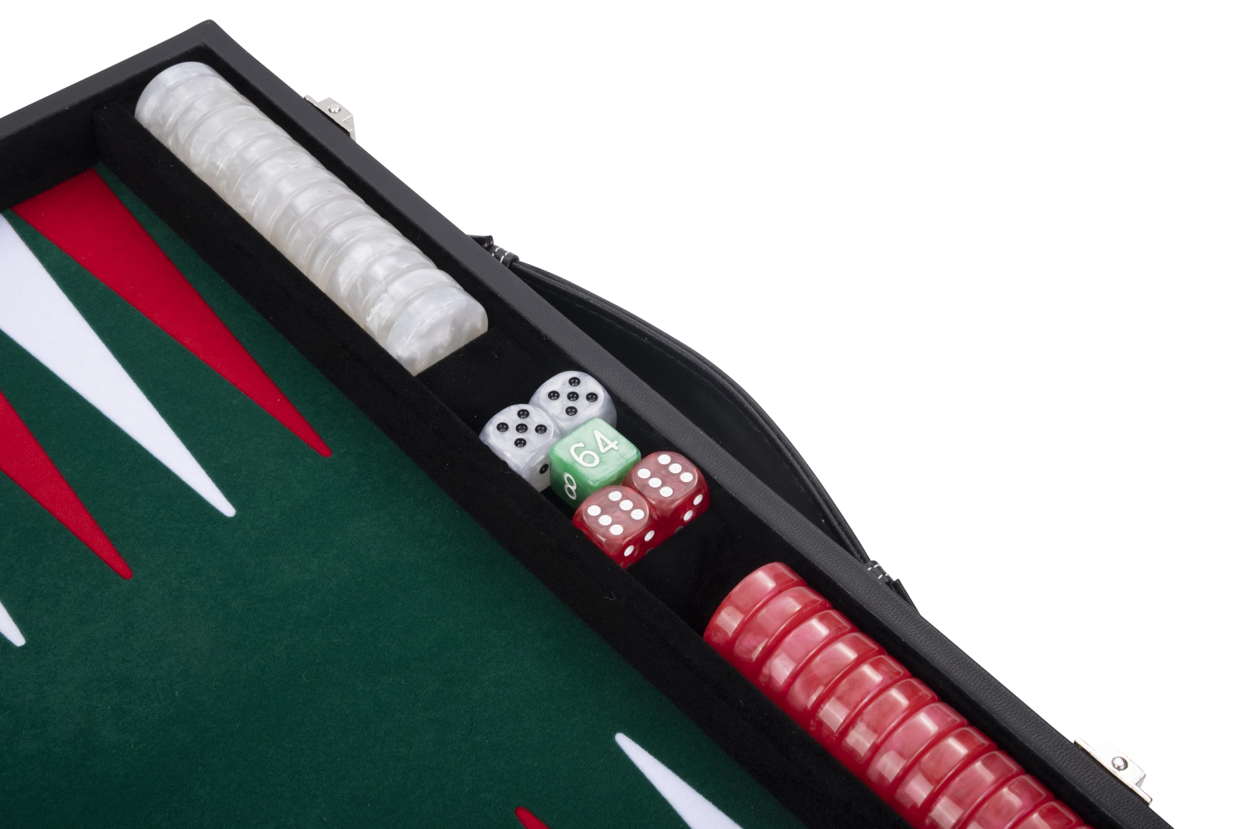 Engelhart - 250508 - Backgammon de Lujo - Verde - 38 cm - 15 Pulgadas - Símil Cuero - Incrustación de Fieltro - Dados y Fichas Nacaradas + 2 Cubiletes - Juego de Estrategia - Juego de Backgammon