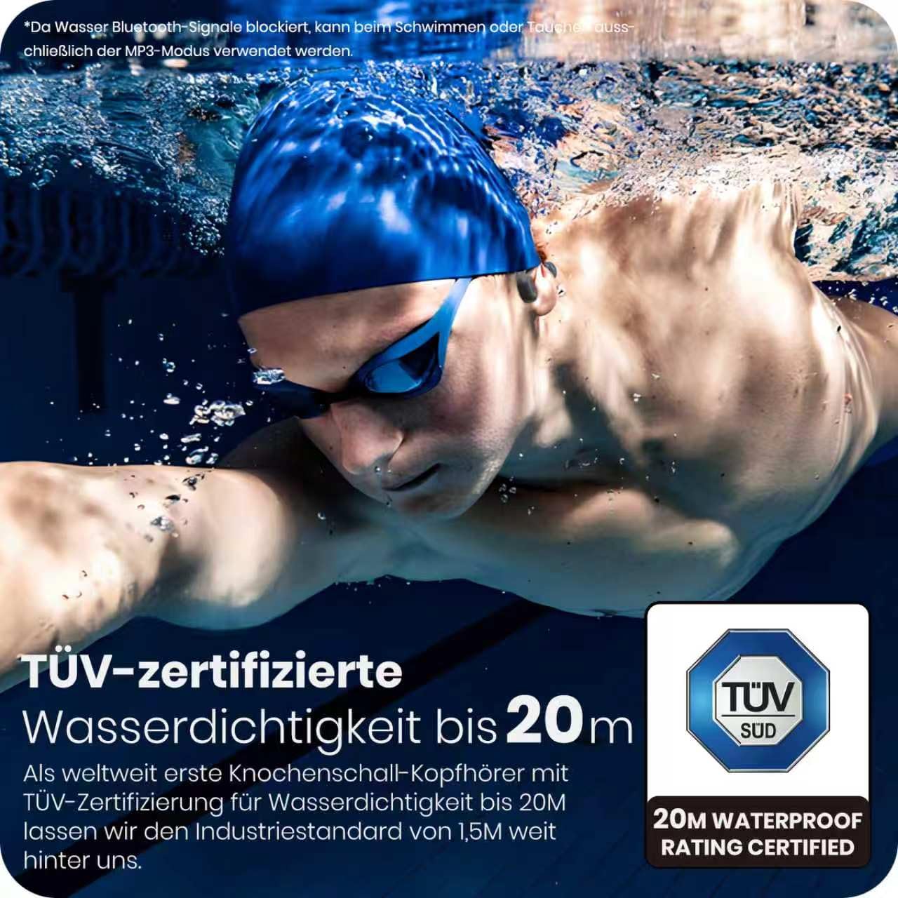 S4 - Auriculares de natación y buceo (IP68, 20 m, resistente al agua, Bluetooth 6.0 + 32 GB, modo MP3, 15 h, tiempo de reproducción, 26 g, para nadar, correr, ciclismo