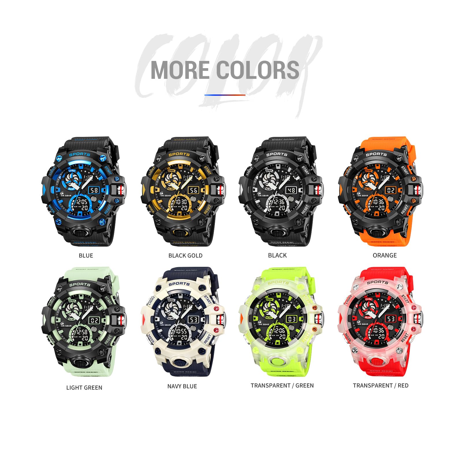 Orologio analogico digitale da uomo, sportivo, arancione, robusto, quadrante grande, doppio quadrante, retroilluminazione a LED, sveglia, cronometro, orologio da polso per allenamento, escursionismo