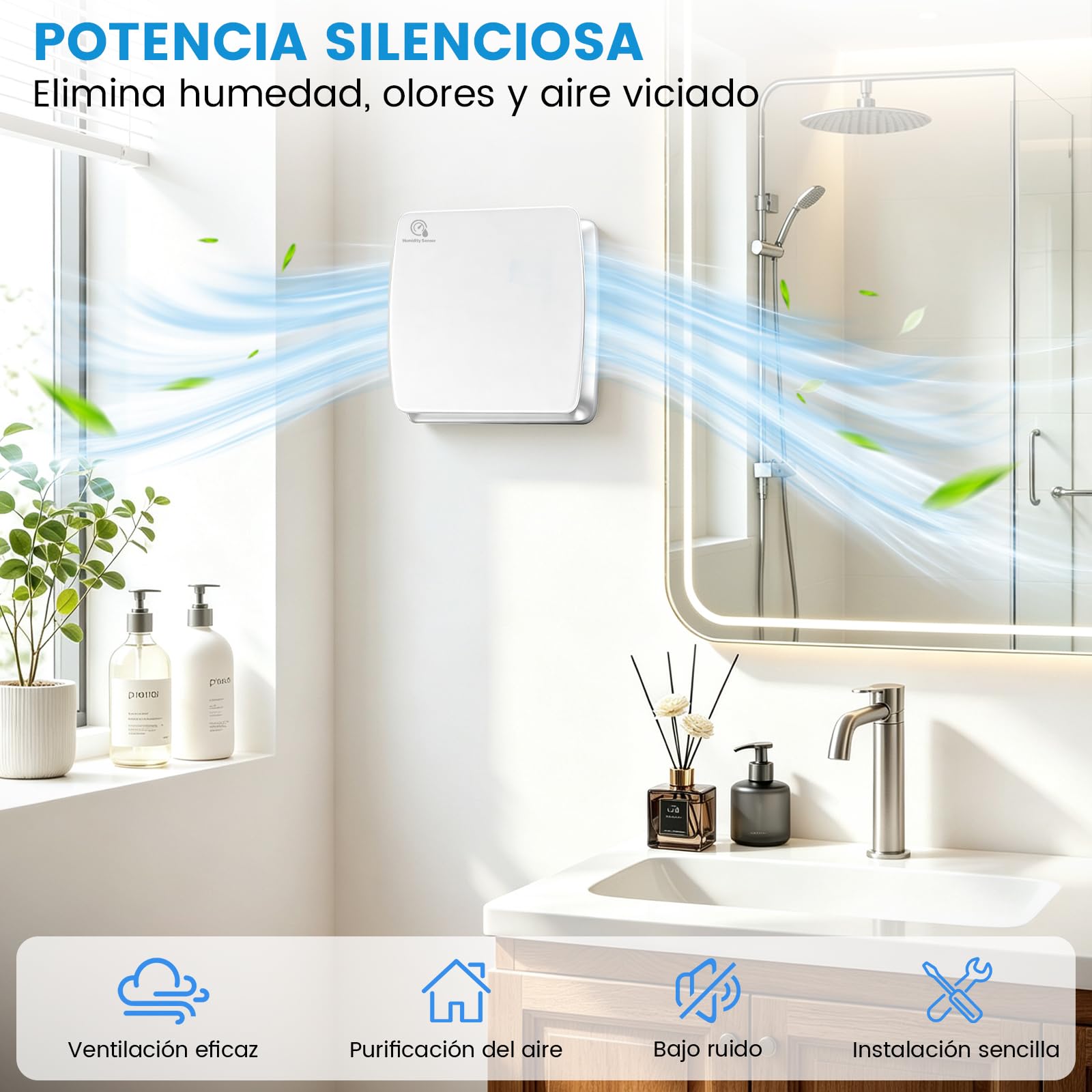 100 mm Extractor de aire silencioso de higrostato y temporizador VMC cuarto de baño | Ventilador de baño de 12 W, 95 m³/h ≤34 dB IPX4 2400 RPM, válvula antirretorno de pared o techo – WC, oficina, cocina, blanco
