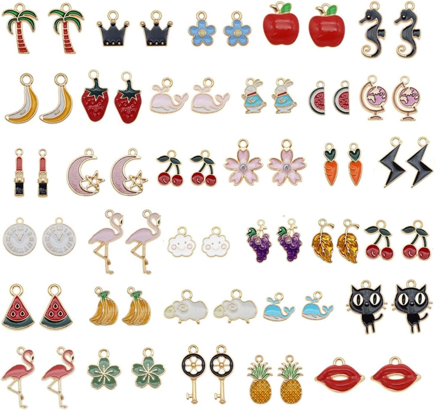 60pcs(30PAIRS) Assorted Gold Tone Enamel Moon Star Animals Dainty Dangle Fruit Flowers Pendants Charms for Earrings Jewelry Making Necklace Bracelet