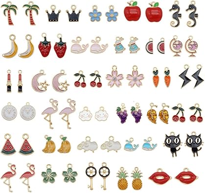 60pcs Assorted 30 Styles Gold Tone Enamel Charms for Jewelry Making | Moon Star Animals, Dainty Dangle, Fruit Flowers Pendants, For Earrings Necklace Bracelet