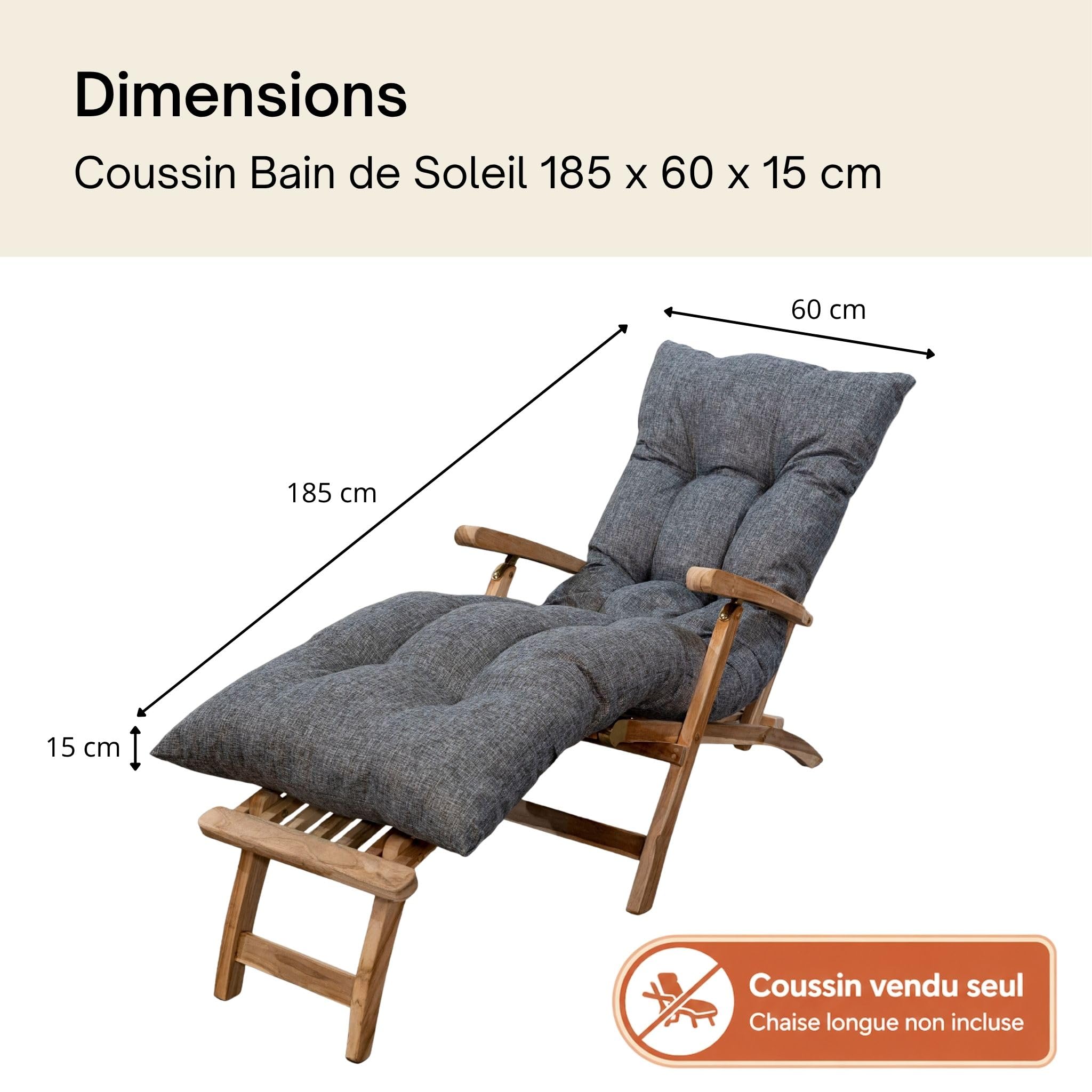 bananair - Coussin Bain de Soleil Chaise Longue - Épais, Ultra Confortable, Design Matelassé - Fabriqué en France - Matelas Transat avec Scratchs, Facile à Installer (185x60x15 cm, Gris)