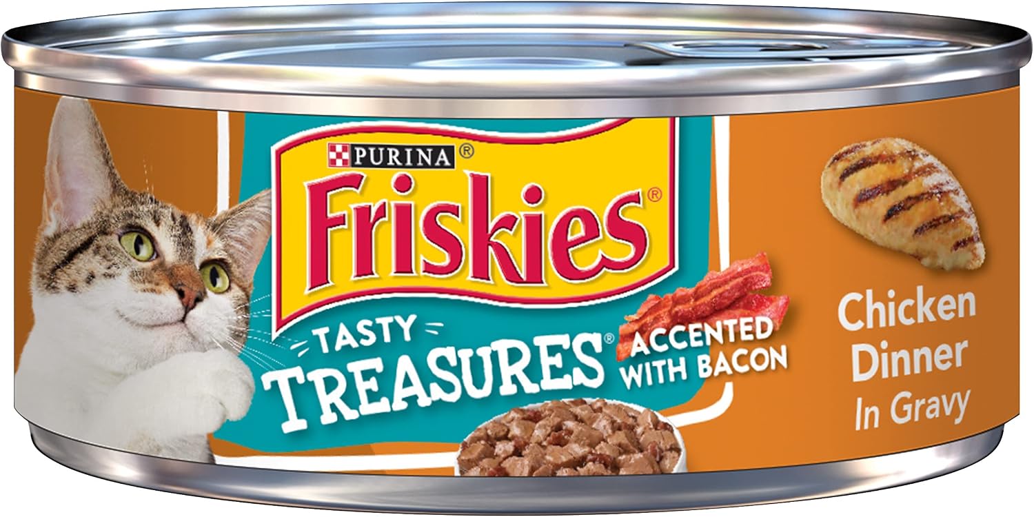 Purina Friskies Gravy Wet Cat Food, Tasty Treasures Chicken Dinner Accented With Bacon - (24) 5.5 oz. Cans