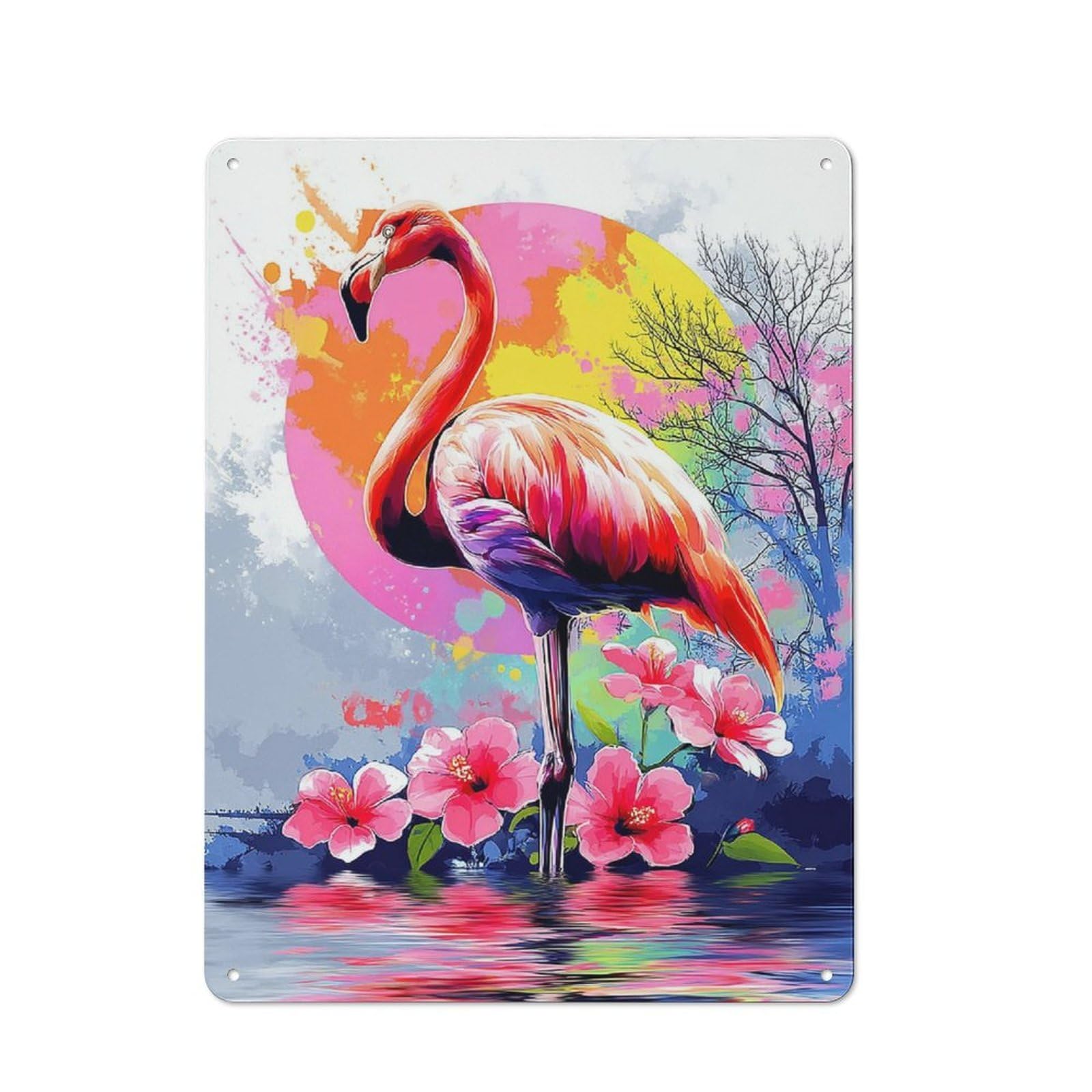 Junmoney Flamingo In Water With Flowers -1 Metal Wall Sign 40X30cm Featuring For Garage Or Workshop, For Vintage Wall Decor Fans, For Metal Sign Collectors