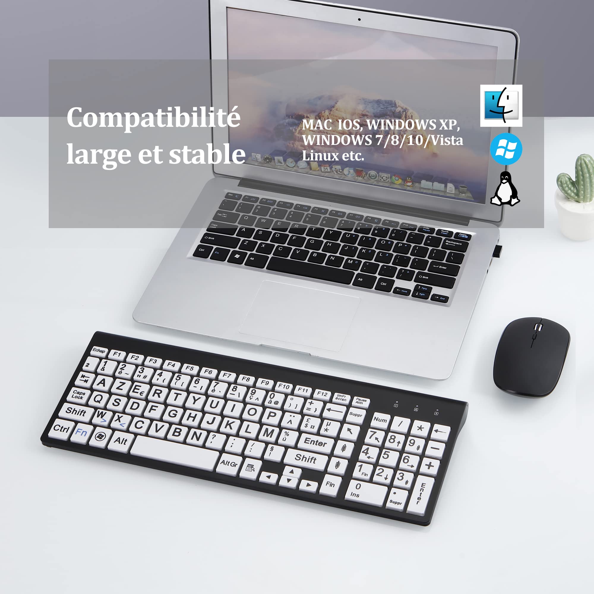 Impression Grand Format Pleine Grandeur 2.4G azerty Clavier et Souris sans Fil, Impression Grand Format surdimensionnée pour Les Malvoyants, Seniors, Enfants, Bureau et Usage