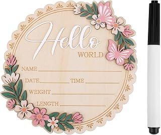 NQEUEPN Wooden Baby Announcement Sign with Pen, Hello World Newborn sign | 15cm/5.91in Round Newborn Welcome Sign New Baby Welcome Plaque Birth Baby Name Board for Newborn Photo Props Hospital Nursery