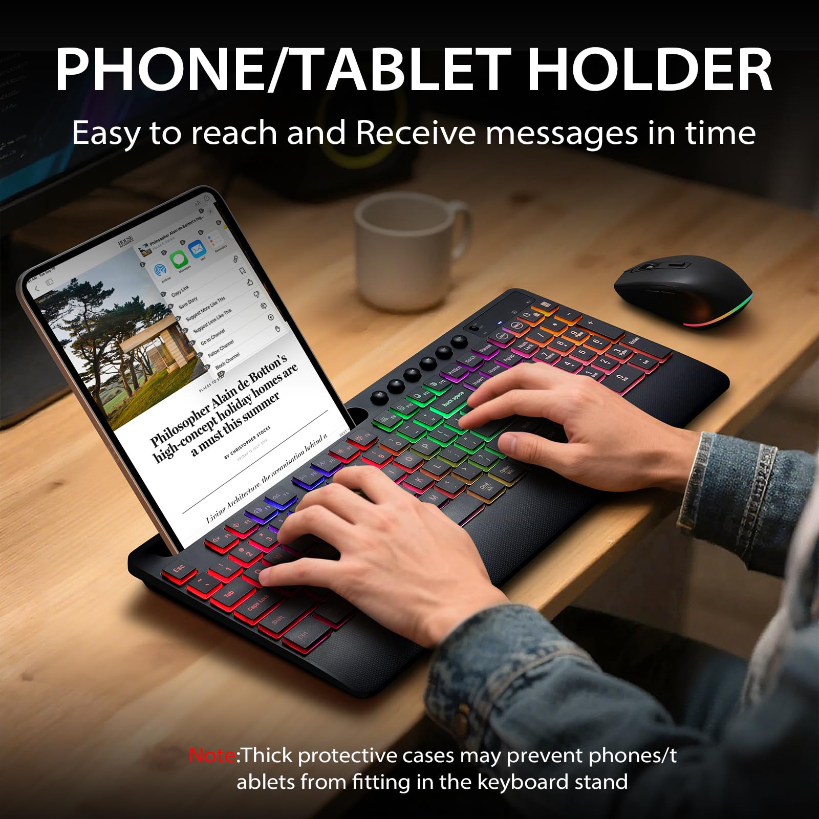 Hamile Combinazione di tastiera e mouse wireless: effetti retroilluminati RGB, tastiera silenziosa ergonomica, poggiapolsi, ricaricabile 2,4 G, con supporto per telefono, compatibile con Windows, Mac