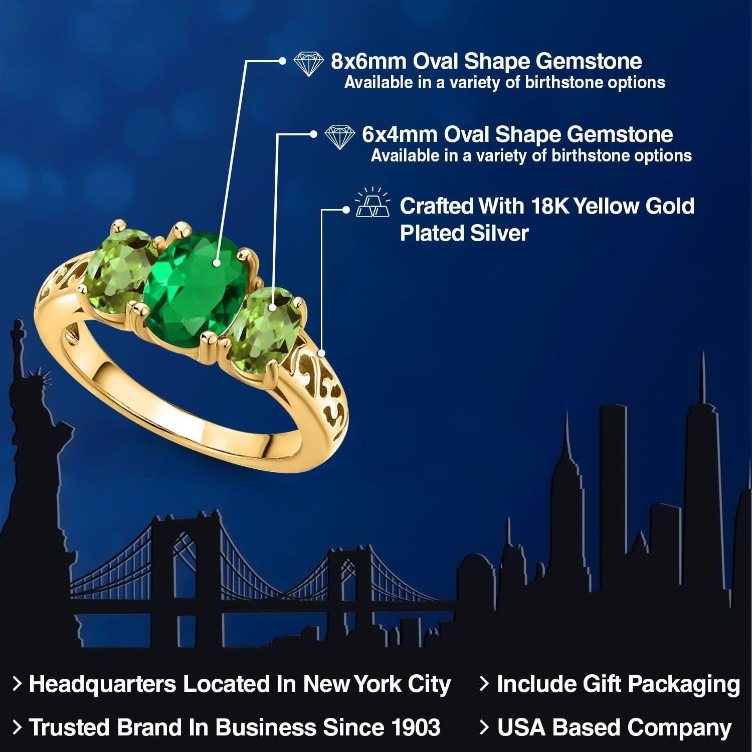 Gem Stone King 18K Yellow Gold Plated Silver Green Nano Emerald and Green Peridot Filigree Style 3 Stone Ring for Women (1.75 Cttw, Oval 8X6MM and 6X4MM)
